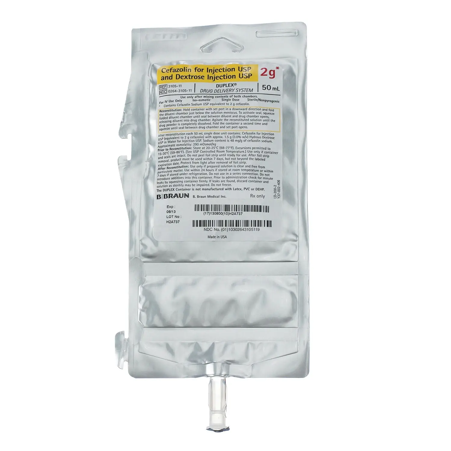 B BRAUN 3105-11 DUPLEX DRUG DELIVERY SYSTEM 2g Cefazolin For Injection USP & Dextrose Injection USP, 50mL, 24/cs (168 cs/plt)