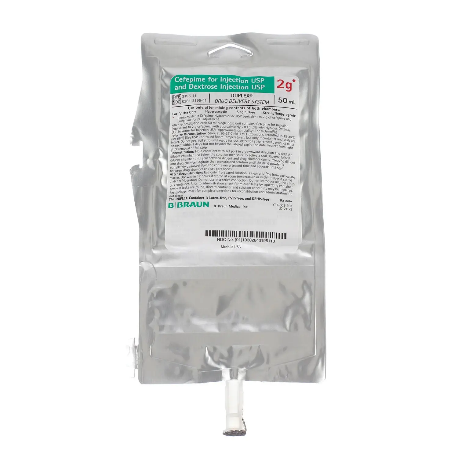 B BRAUN 3195-11 DUPLEX DRUG DELIVERY SYSTEM 2g Cefepime For Injection USP & Dextrose Injection, 50mL, 24/cs