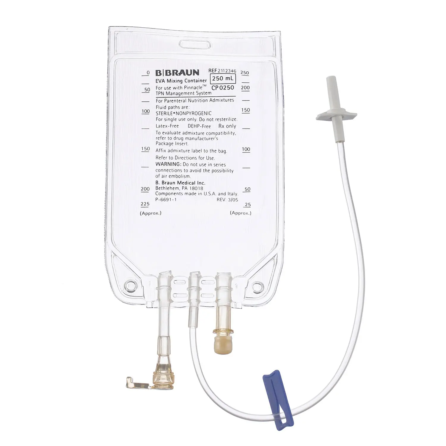 B BRAUN 2112346 EVA FORMULATION 3-IN-1 MIXING CONTAINERS TPN Bag, Pinnacle Compounder Compatible Connector, 250mL, 25/cs
