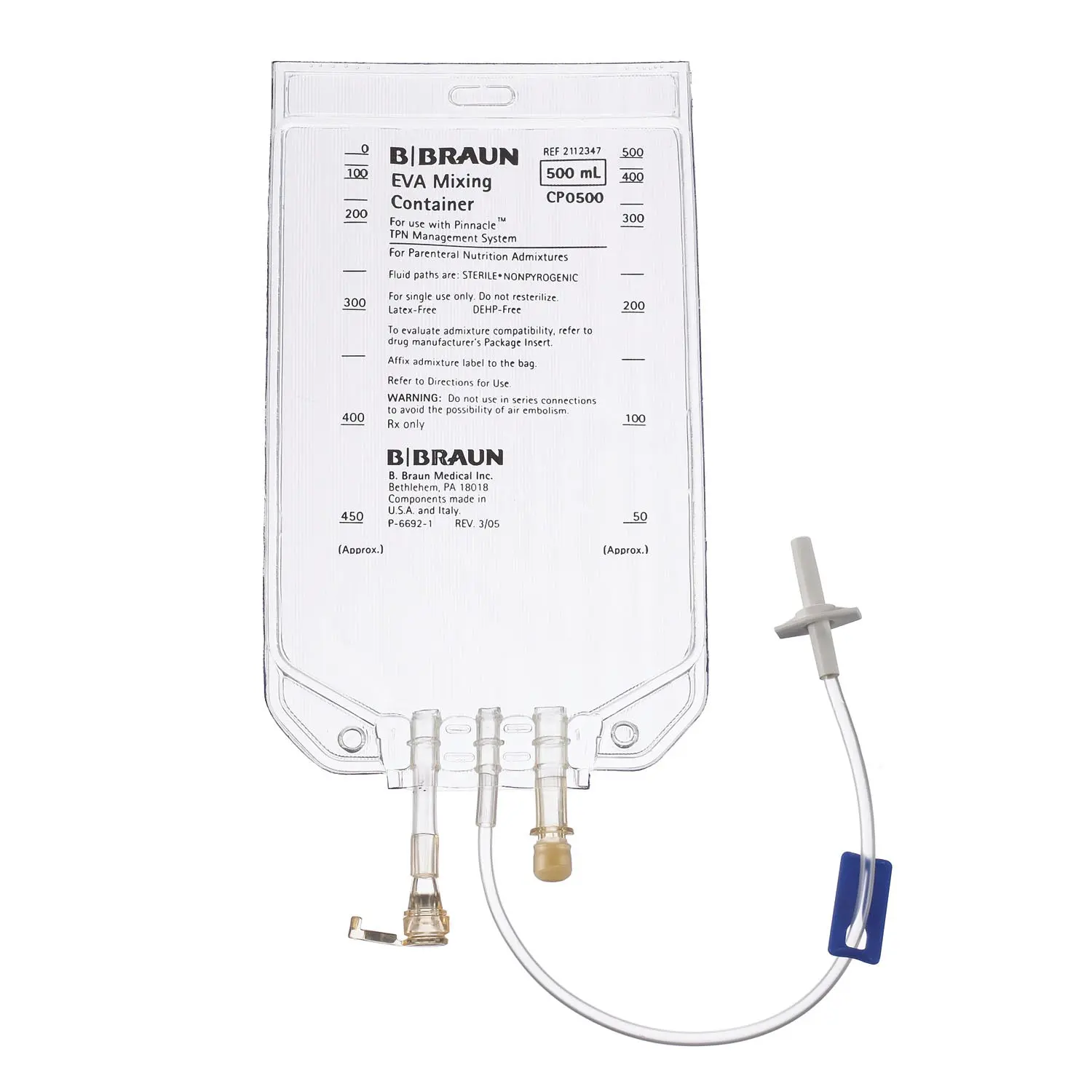 B BRAUN 2112347 EVA FORMULATION 3-IN-1 MIXING CONTAINERS TPN Bag, Pinnacle Compounder Compatible Connector, 500mL, 25/cs