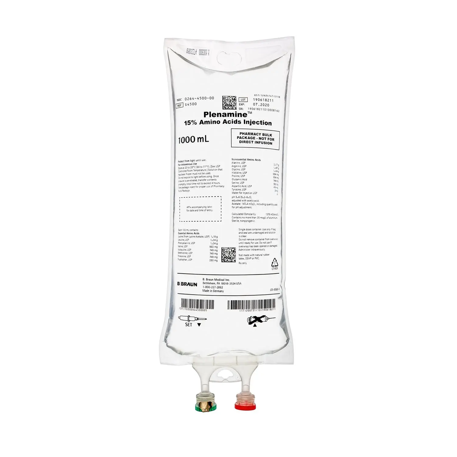B BRAUN S4500 AMINO ACID INJECTIONS Plenamine 15% Amino Acid Injection, 1000mL Bag, Sterile, 8/cs Max weekly quantity allowed: 10