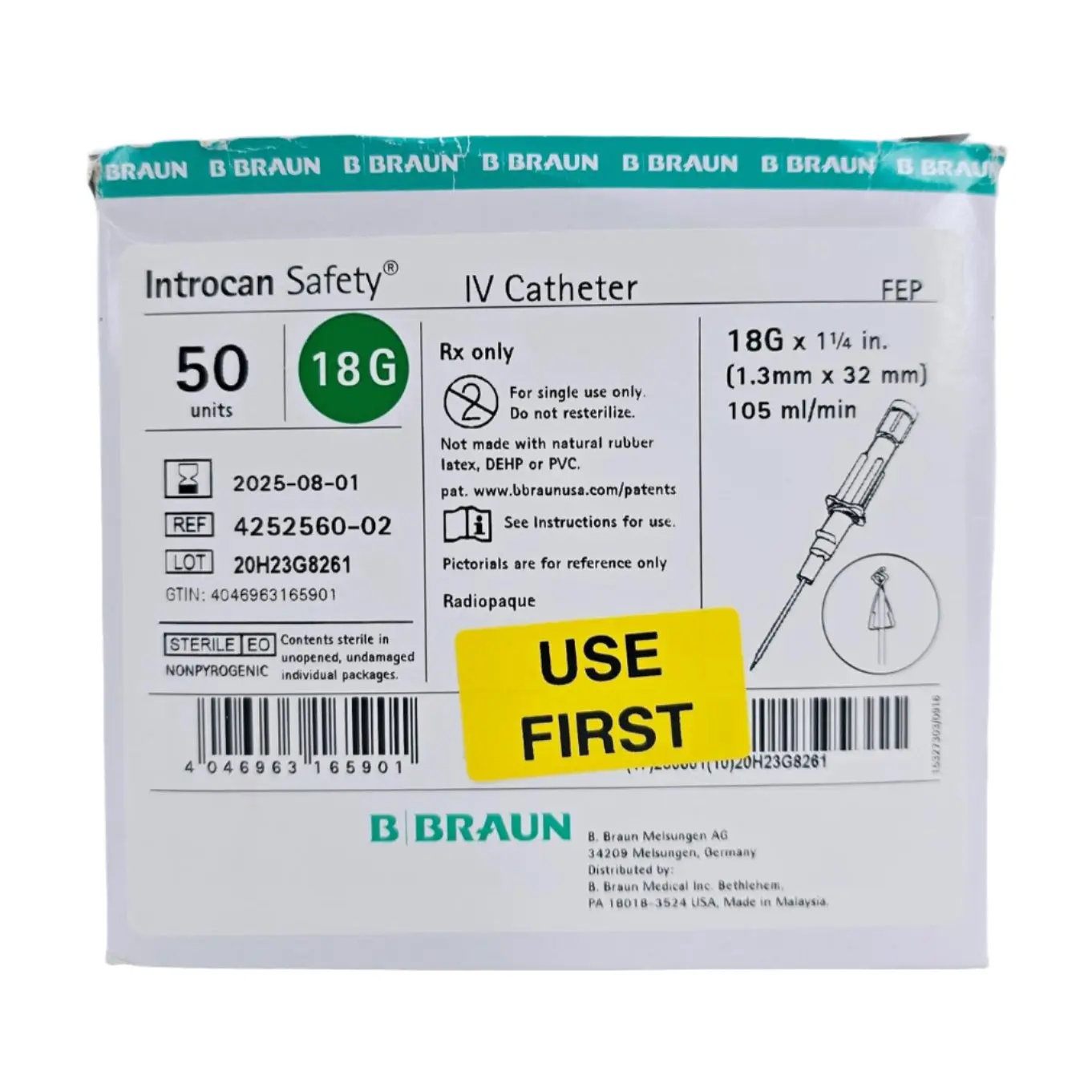 B Braun 4252560-02 Introcan Safety IV Catheter 18G x 1-1/4" Box of 50