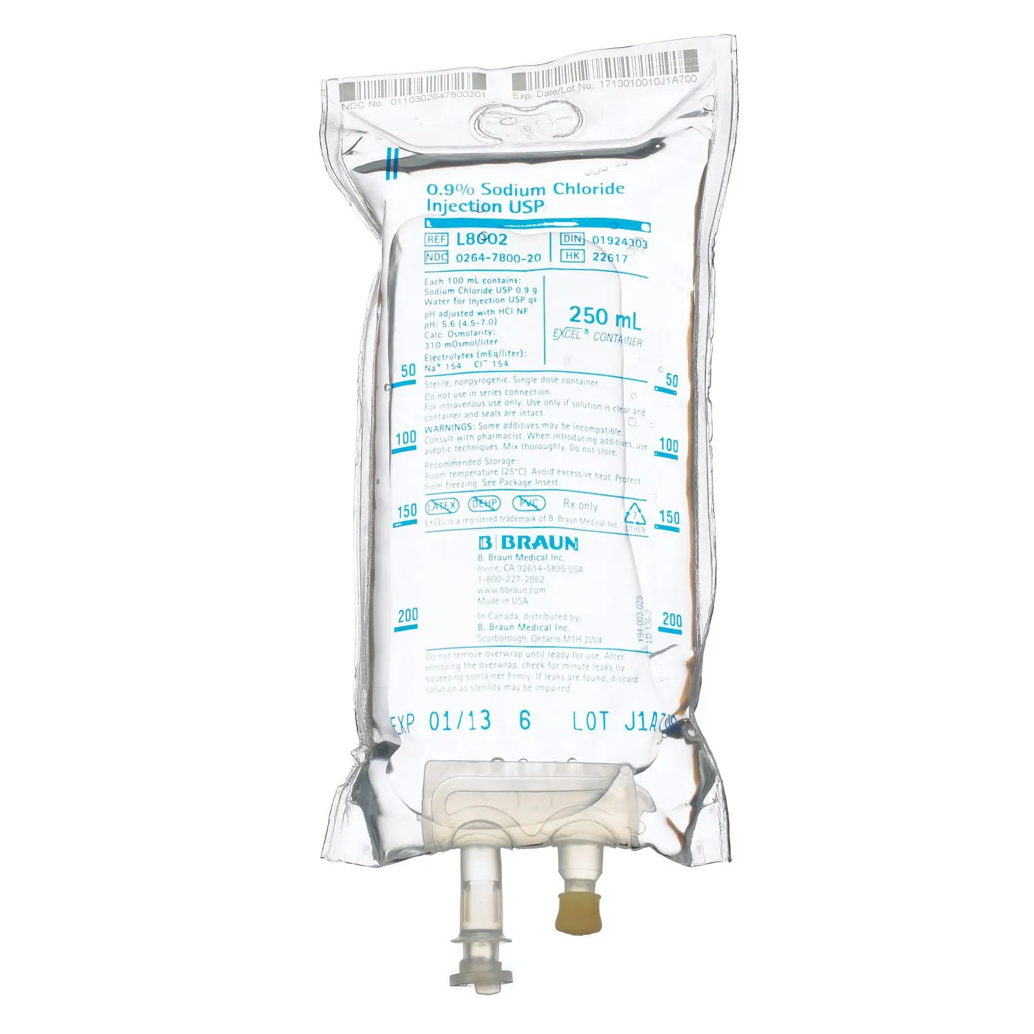 B BRAUN L8002 SODIUM CHLORIDE INJECTIONS USP Sodium Chloride Injections, 0.9%, 250mL, EXCEL® Container, 24/cs (56 cs/plt)  (Item is on Manufacturer Allocation)