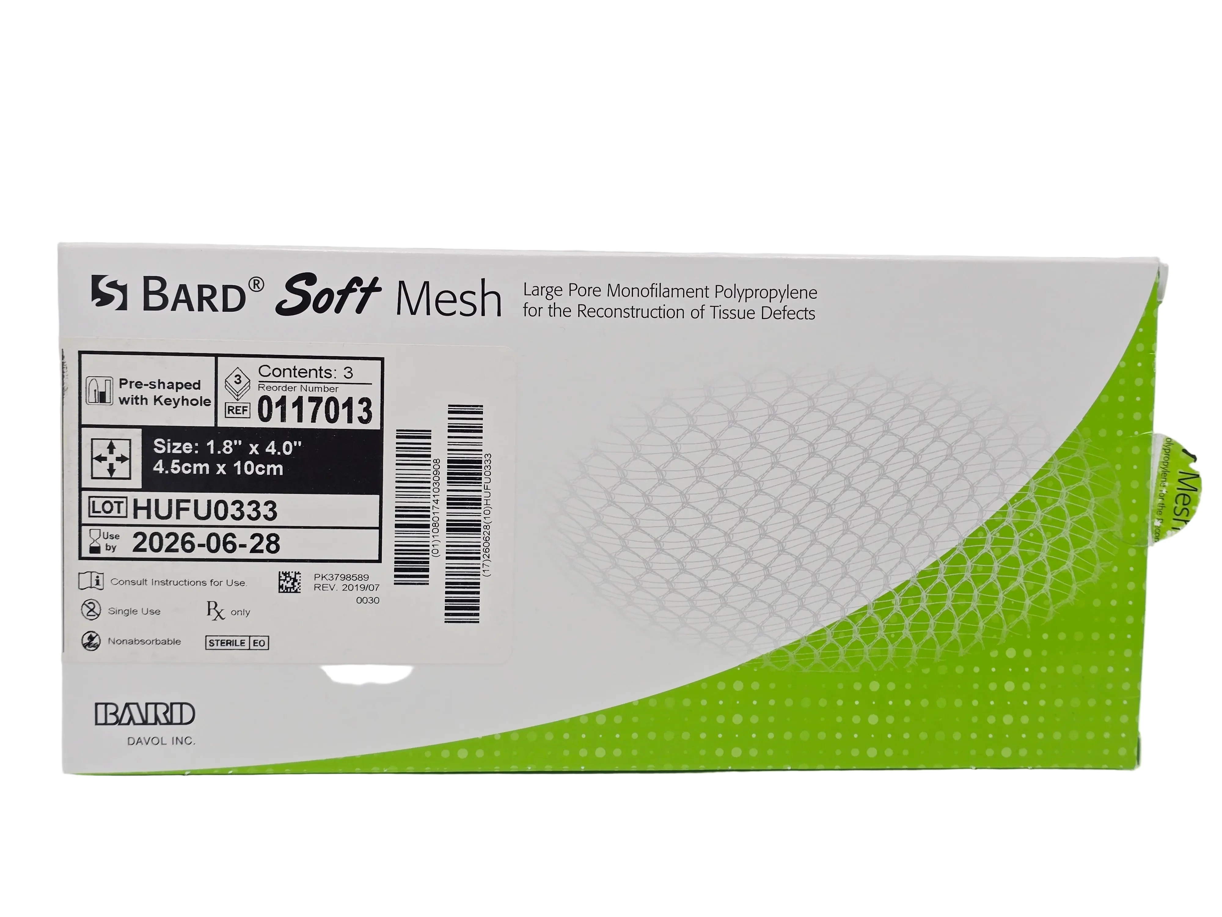 Bard 0117013 Soft Mesh 1.8" x 4.0" Pre-shaped Polypropylene Hernia Repair