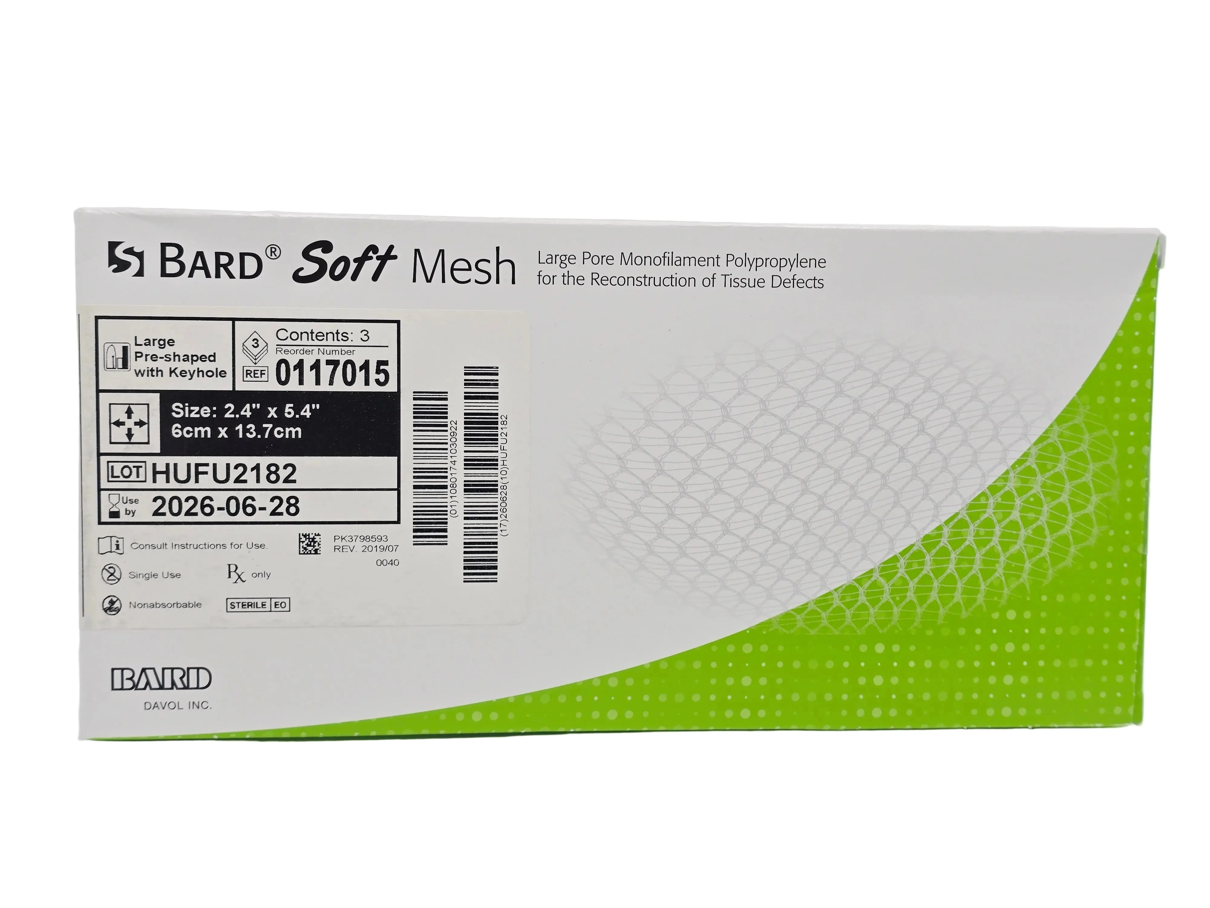 Bard 0117015 Soft Mesh 2.4" x 5.4" Pre-shaped Polypropylene Hernia Repair BX/3