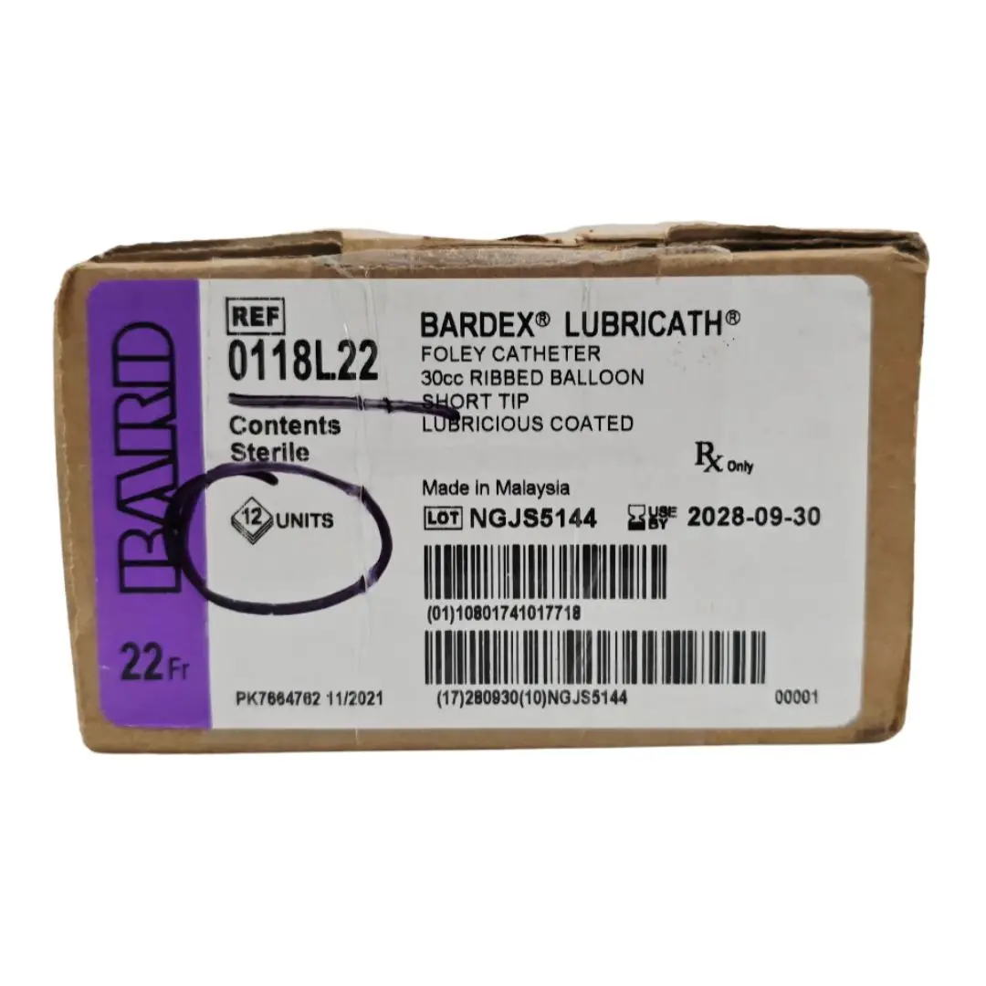 Bard 0118L22 Bardex Lubricath Foley Catheter 30cc Ribbed Balloon Short Tip Lubricious Coated BX/12