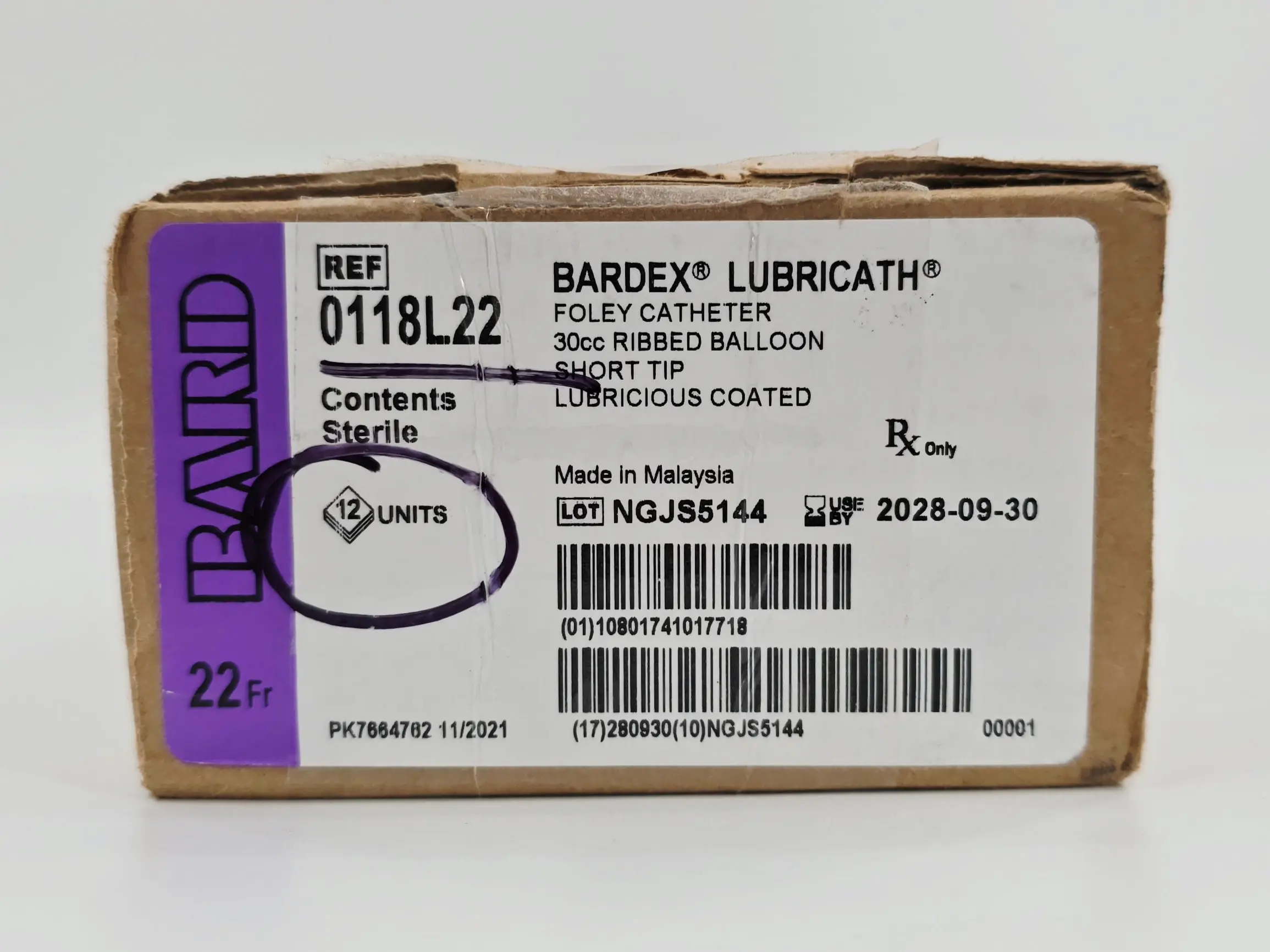 Bard 0118L22 Bardex Lubricath Foley Catheter 30cc Ribbed Balloon Short Tip Lubricious Coated BX/12 - Image 3
