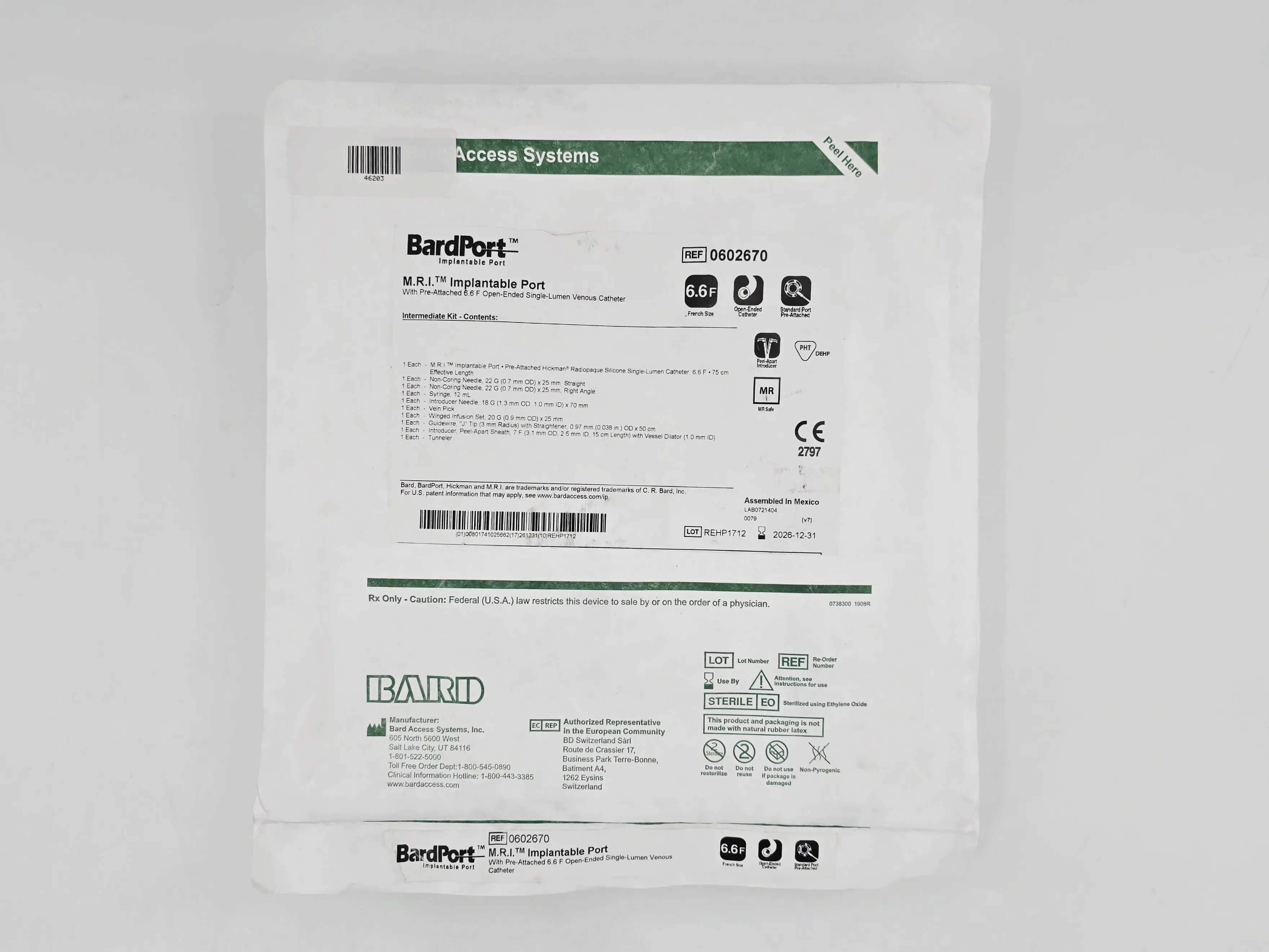 Bard 0602670 BardPort M.R.I. Implantable Port w/ Pre-Attached 6.6 F Open-Ended Single-Lumen Venous Catheter 1/EA - Image 2