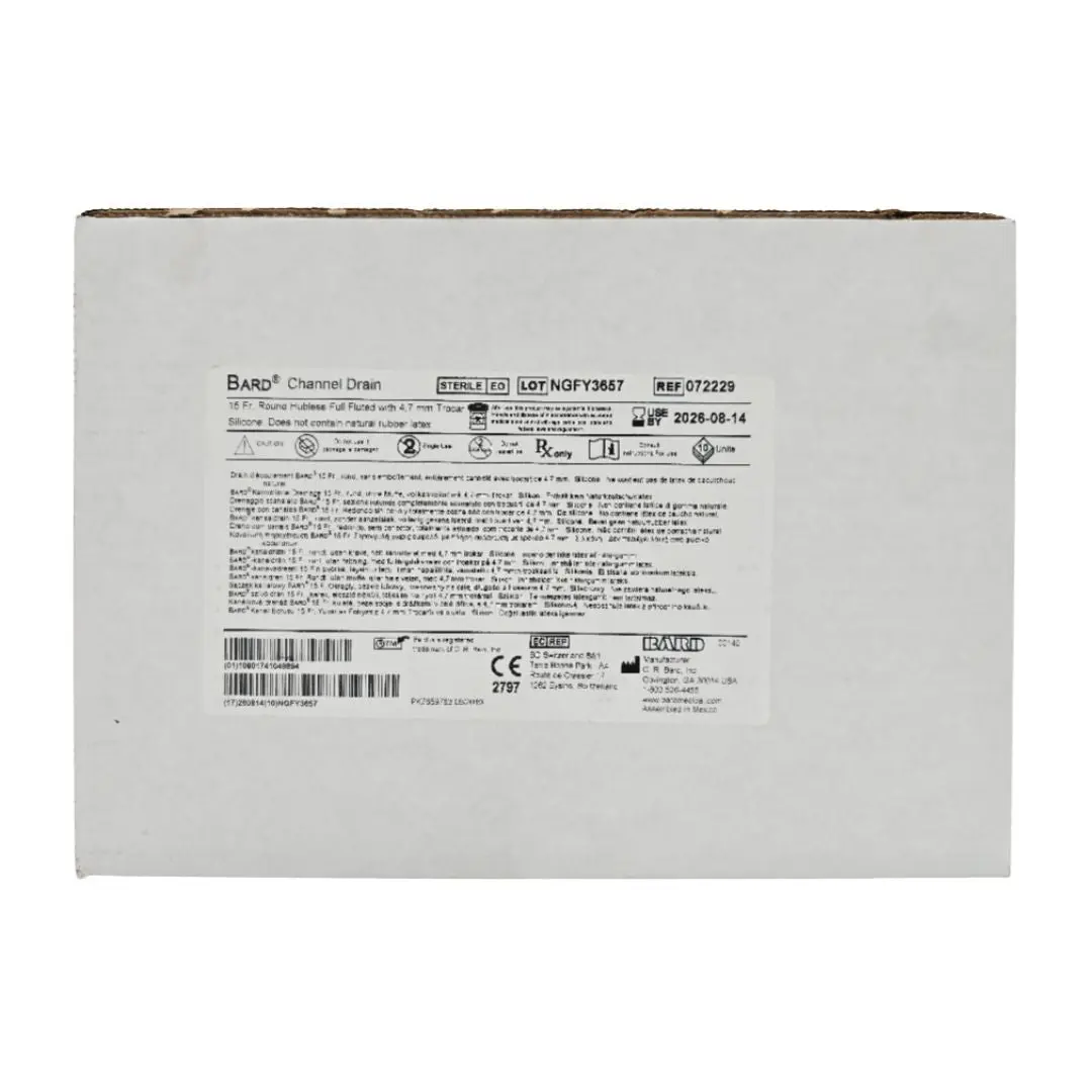 Bard 072229 Silicone Channel Drain 15Fr. Round Hubless Full Fluted w/ 4.7mm Trocar CS/10