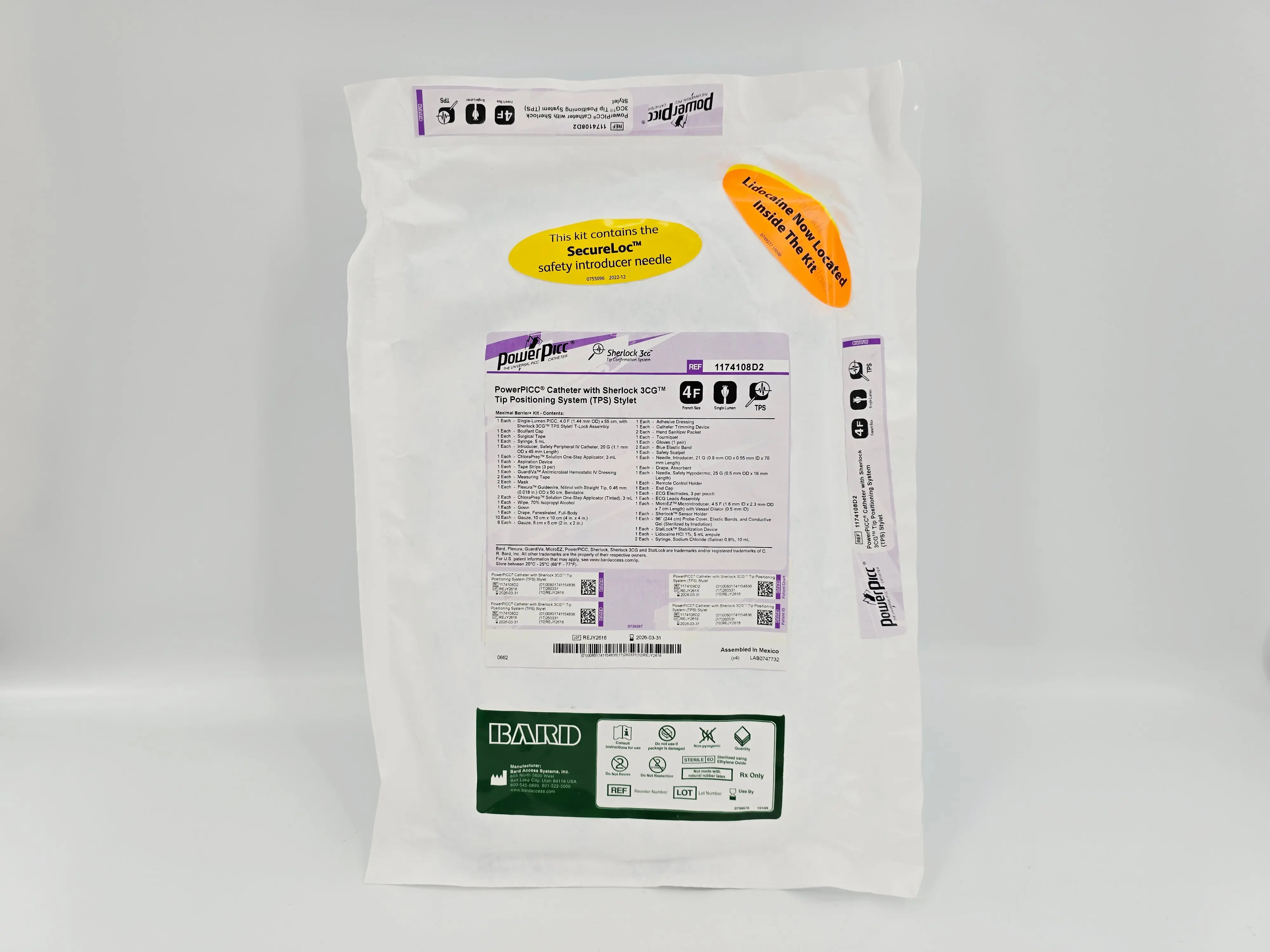 Bard 1174108D2 PowerPICC 4F Single-Lumen Catheter Placement Kit Max Barrier+ w/ Sherlock 3CG TPS Stylet - Image 2