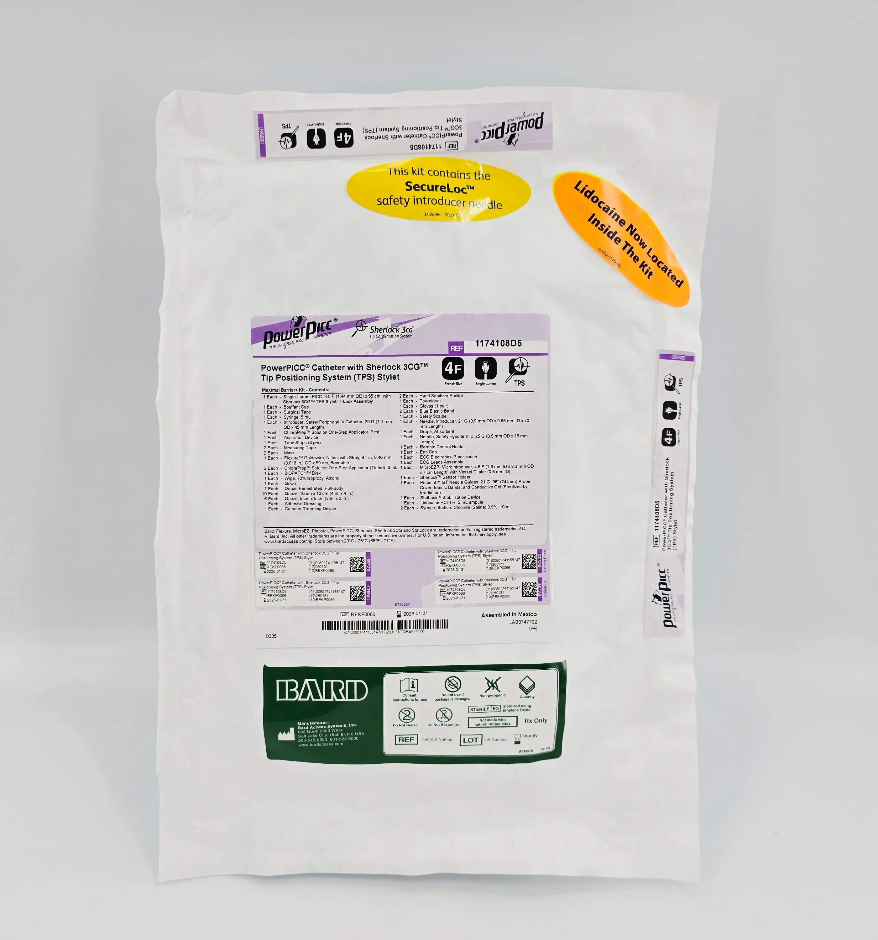 Bard 1174108D5 PowerPICC 4F Single-Lumen Catheter Placement Kit Max Barrier+ w/ Sherlock 3CG TPS Stylet - Image 2