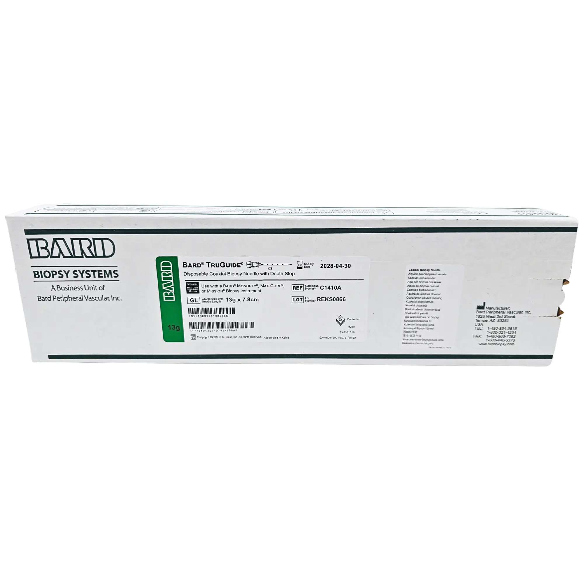 Bard C1410A TruGuide Disposable Coaxial Biopsy Needle - 13G x 7.8cm, with Depth Stop