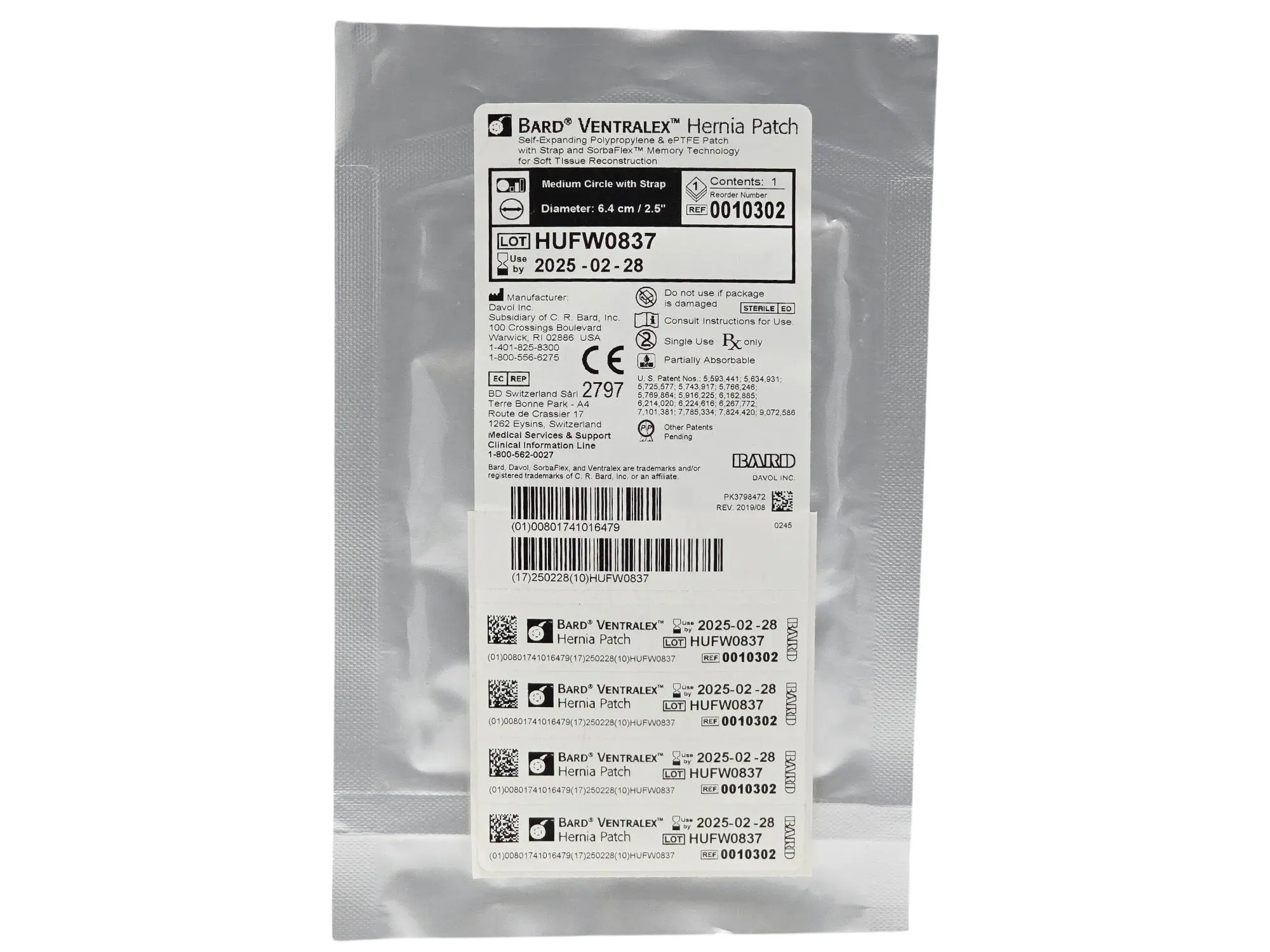 Bard Ventralex 0010302 Hernia Patch 6.4cm Medium Circle with Strap