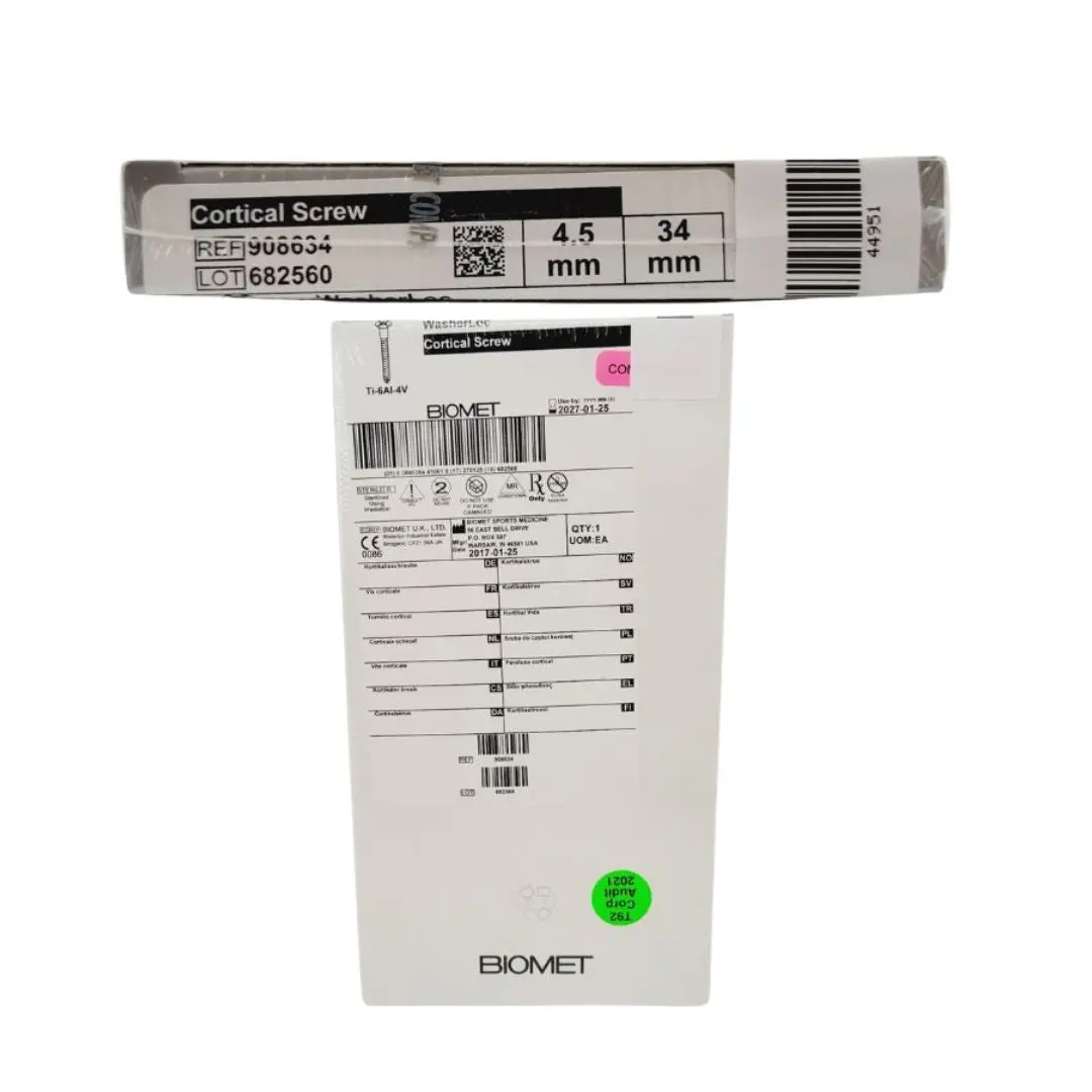 Biomet 908634 Ti-6AI-4V WasherLoc Cortical Screw 4.5mm x 34mm