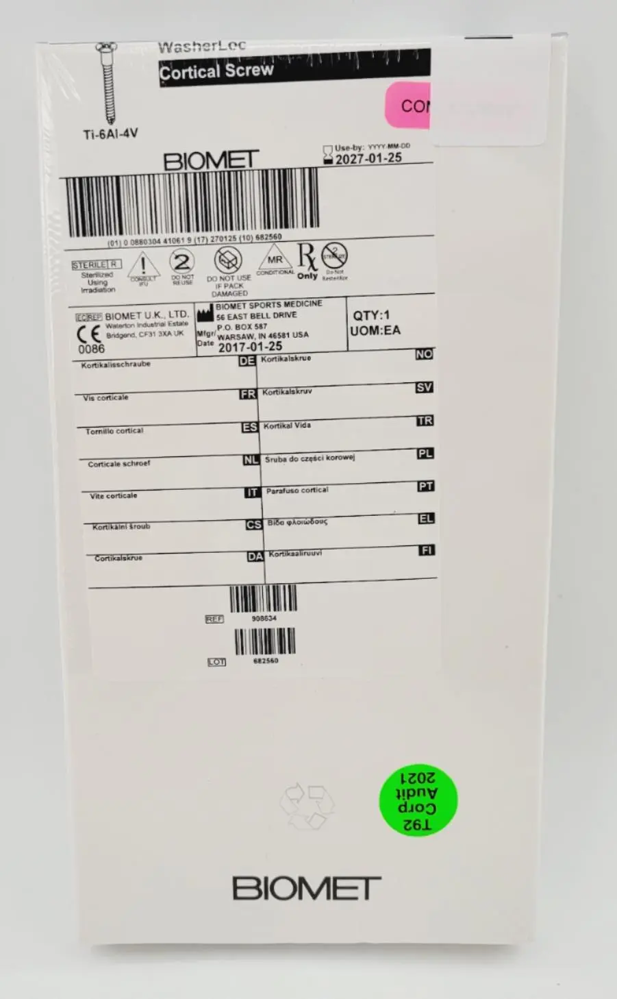 Biomet 908634 Ti-6AI-4V WasherLoc Cortical Screw 4.5mm x 34mm - Image 2