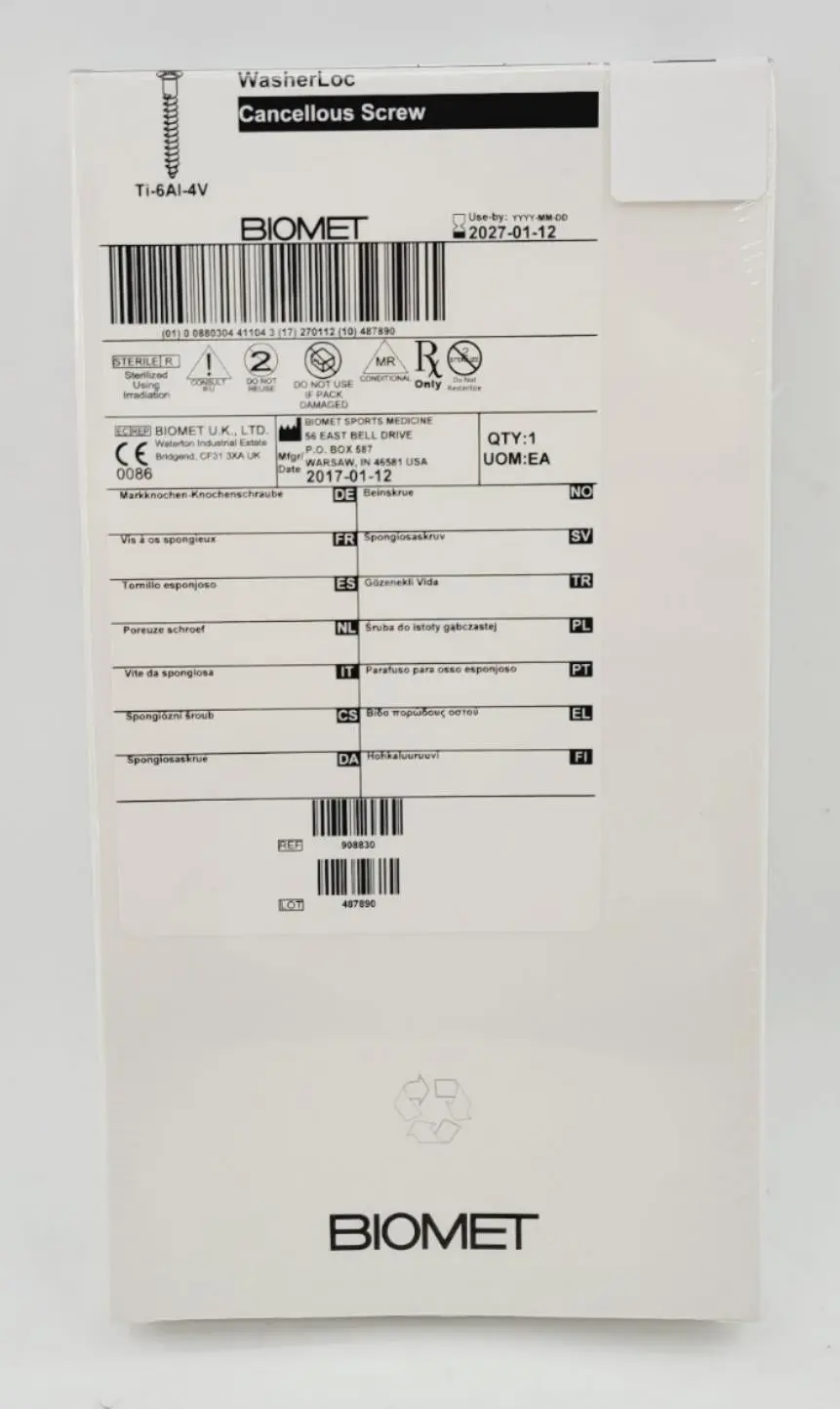 Biomet 908830 Ti-6AI-4V WasherLoc Cancellous Screw 6mm x 30mm - Image 2