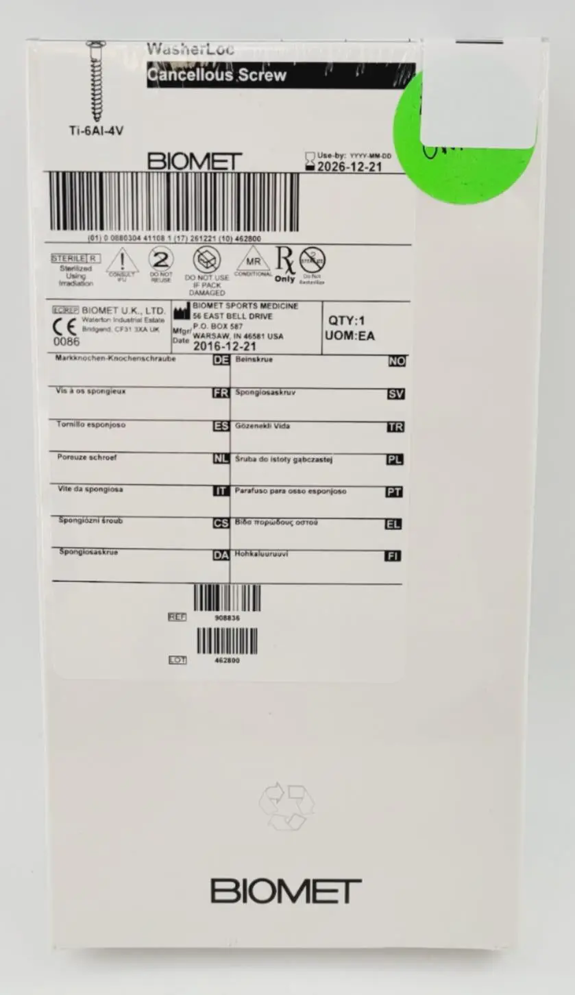 Biomet 908836 Ti-6AI-4V WasherLoc Cancellous Screw 6mm x 36mm - Image 2