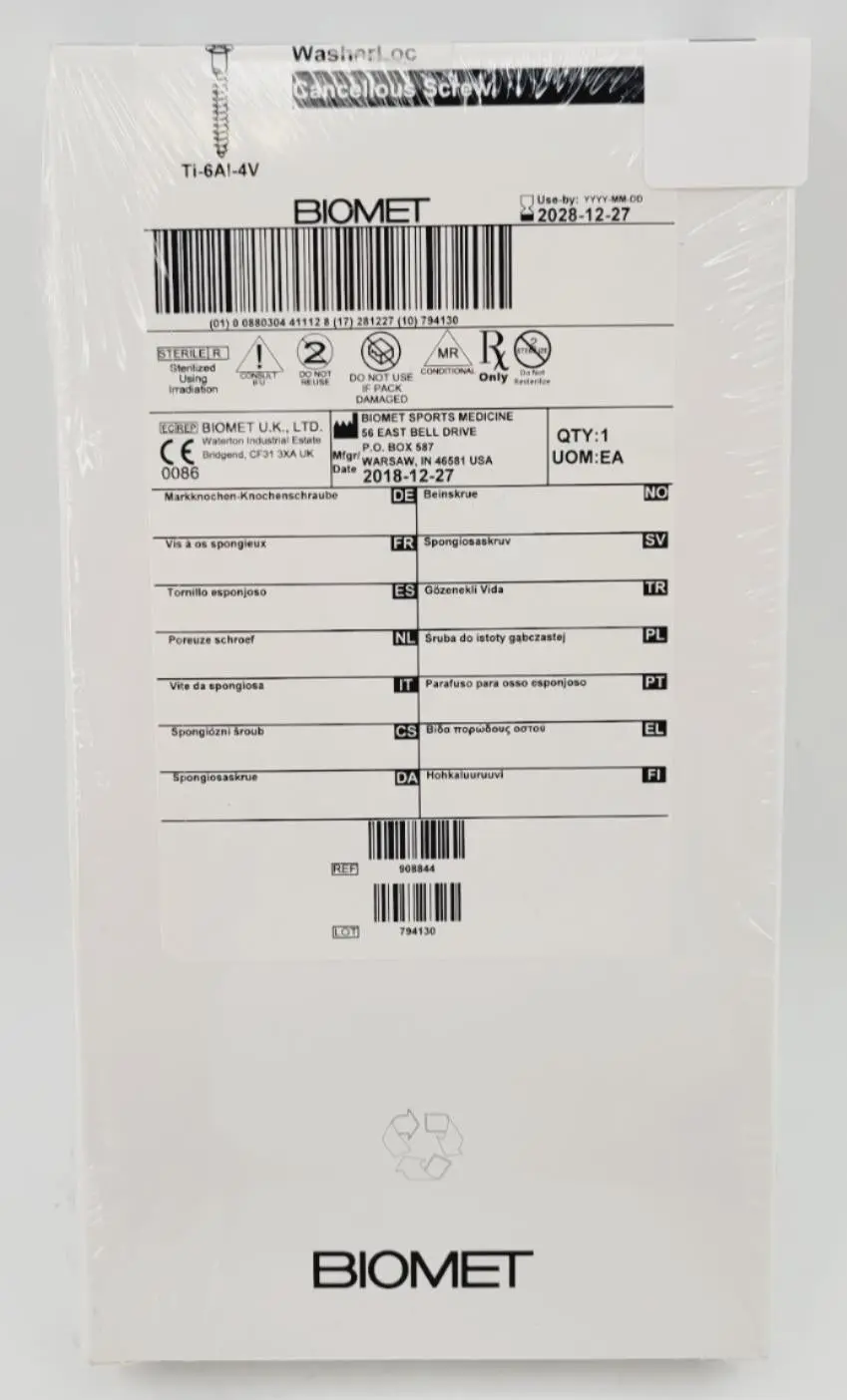 Biomet 908844 Ti-6AI-4V WasherLoc Cancellous Screw 6mm x 44mm - Image 2