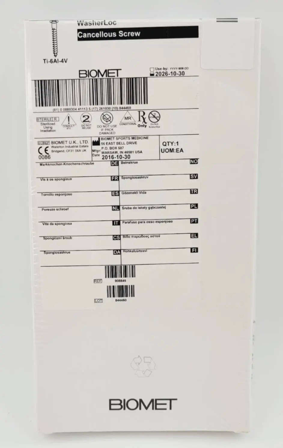 Biomet 908846 Ti-6AI-4V WasherLoc Cancellous Screw 6mm x 46mm - Image 2