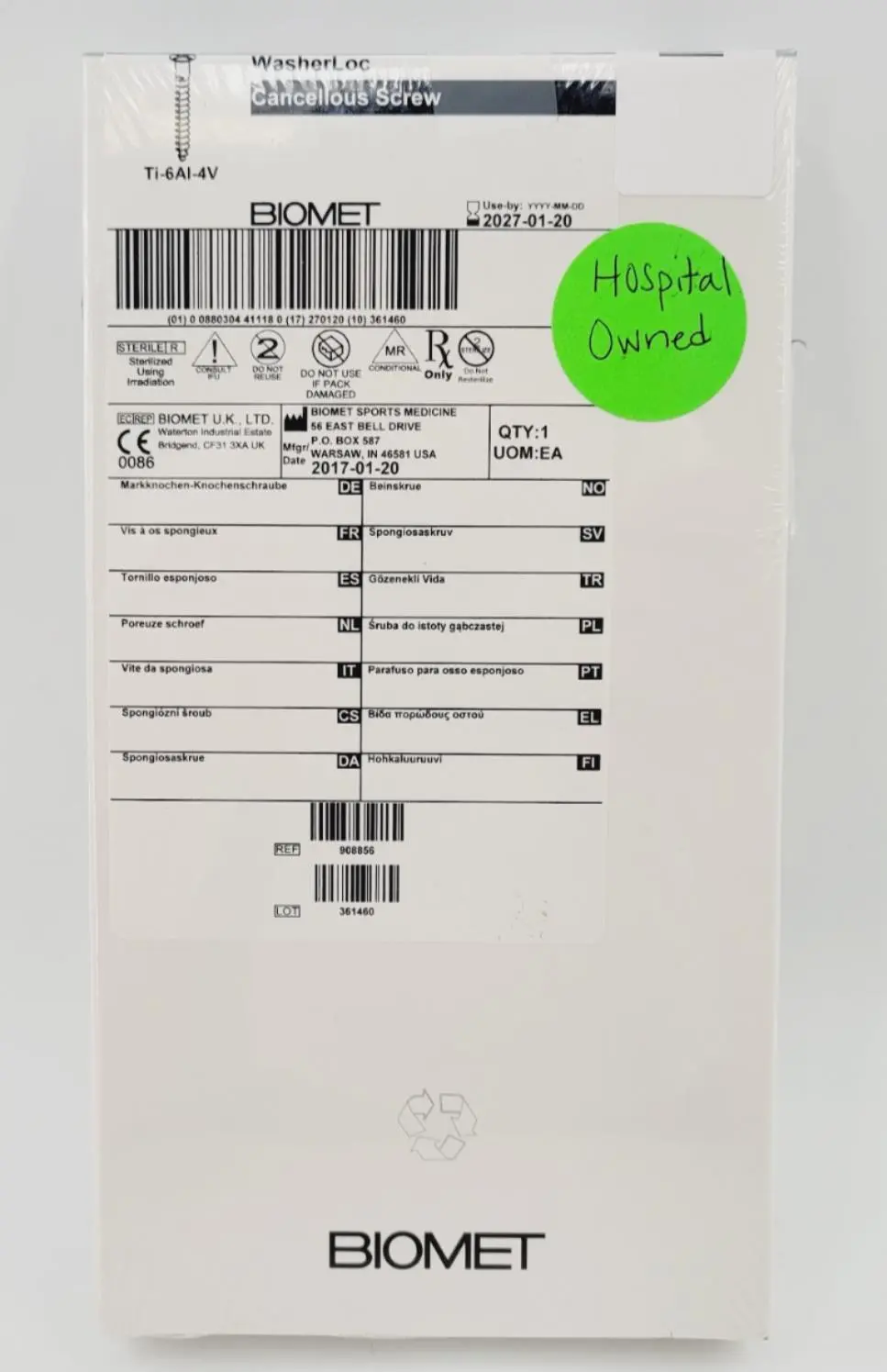 Biomet 908856 Ti-6AI-4V WasherLoc Cancellous Screw 6mm x 56mm - Image 2