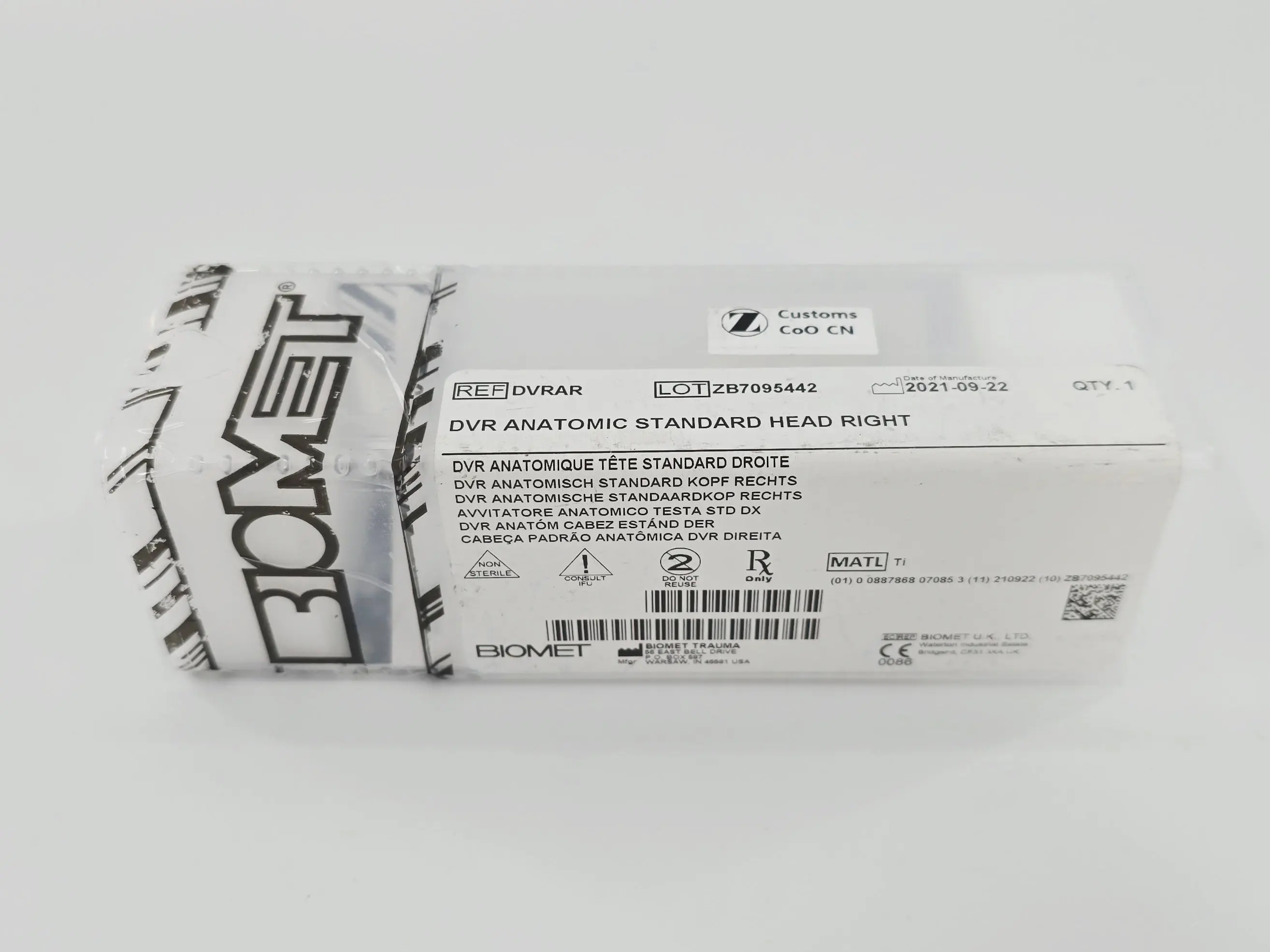 Biomet DVRAR DVR Anatomic Standard Head Right Ti Implant - Image 2