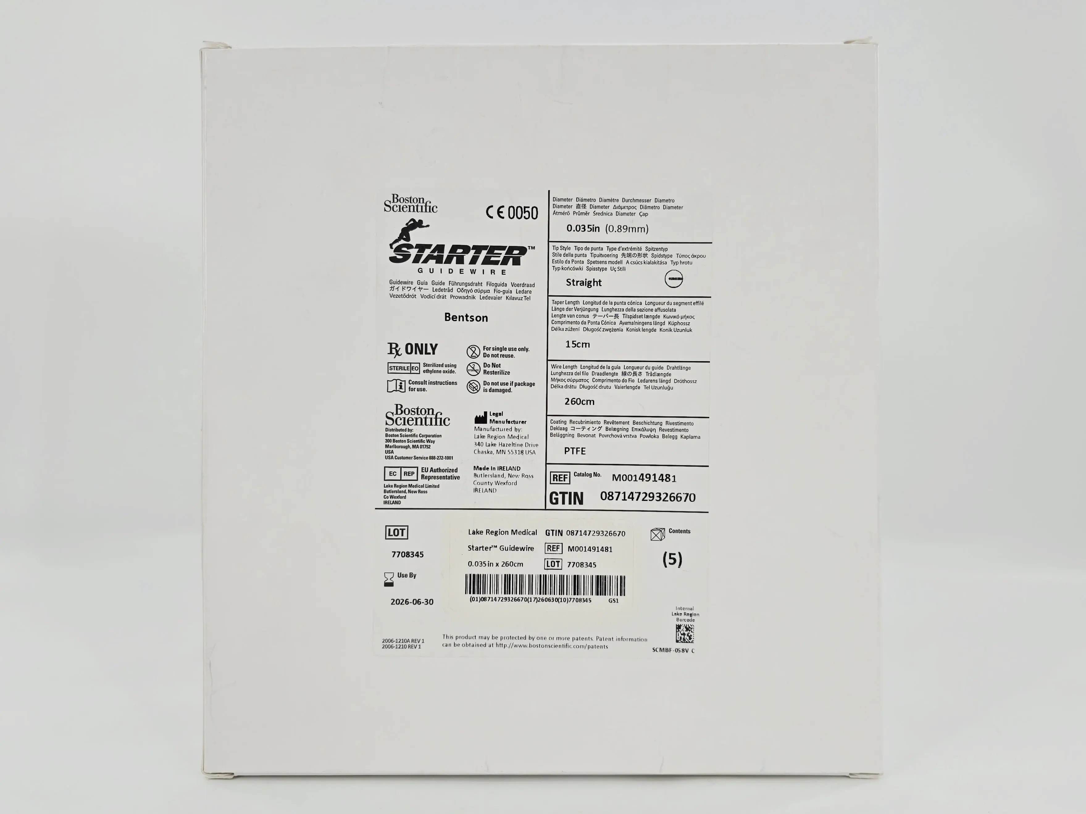 Boston Scientific M001491481 Starter Guidewire Bentson 0.035" x 260cm Straight 15cm Taper BX/5 - Image 2