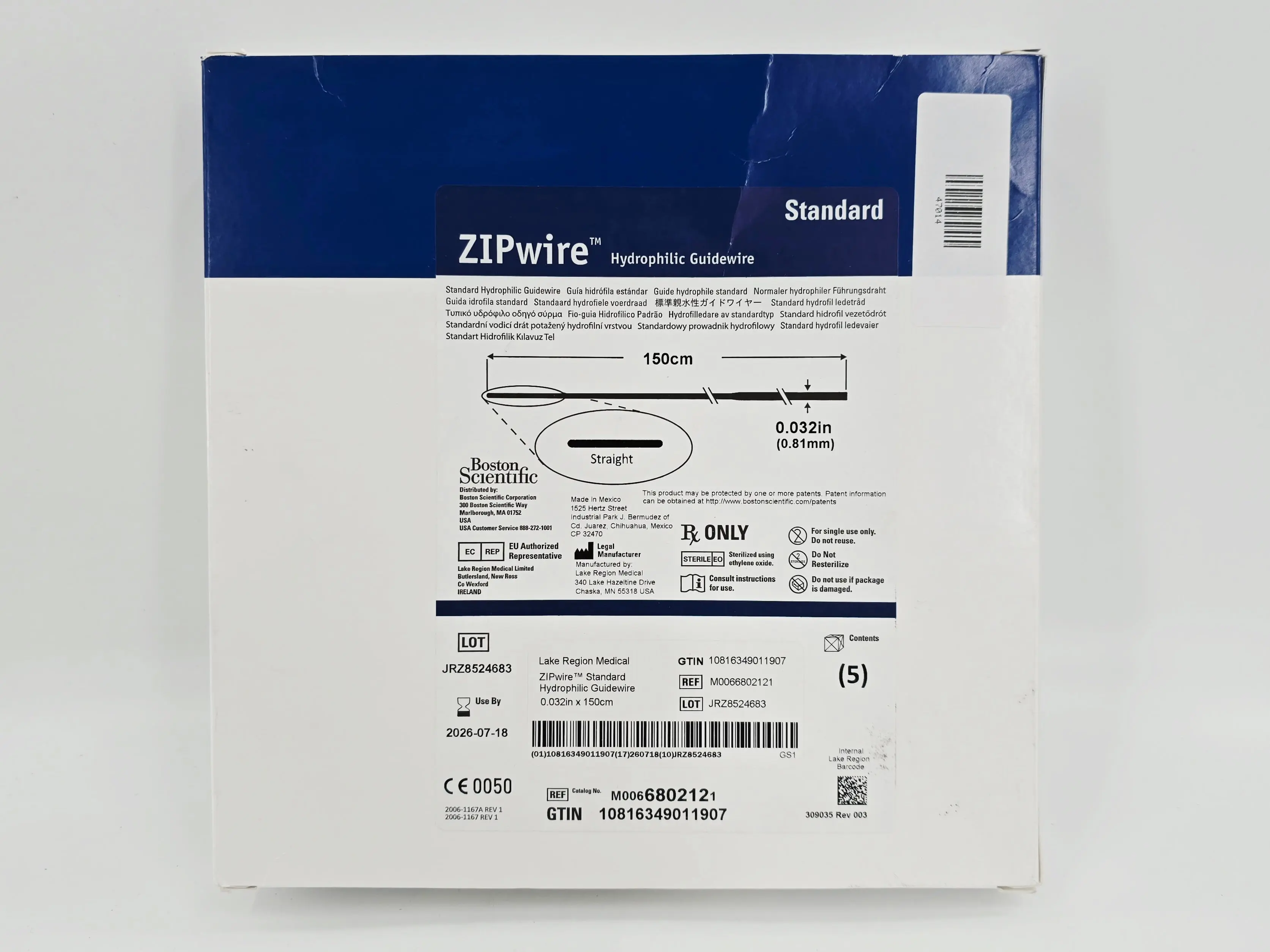 Boston Scientific M0066802121 ZIPWire Standard Hydrophilic Guidewire Straight 0.032" x 150cm BX/5 - Image 2