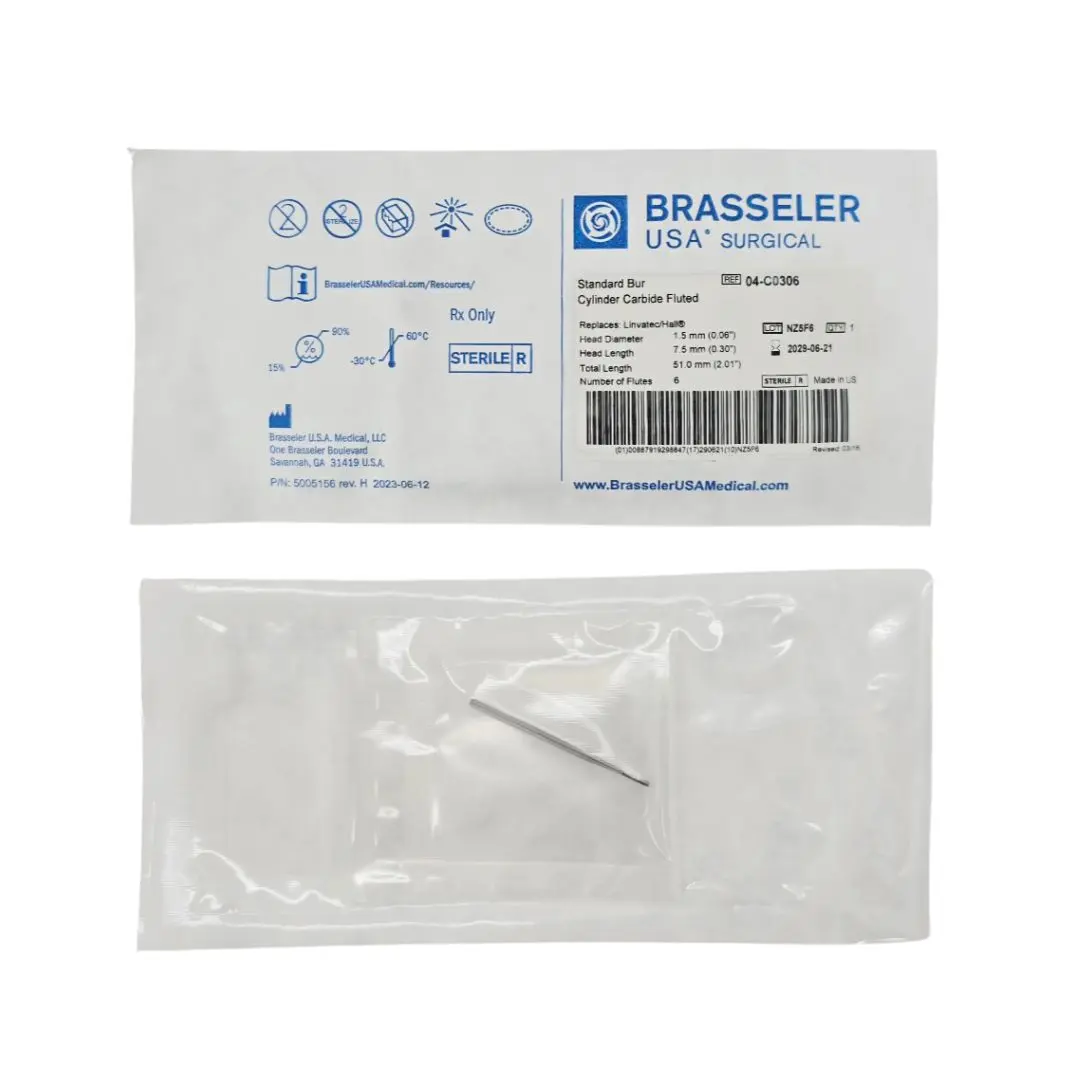 Brasseler 04-C0306 Standard Cylinder Carbide Fluted Bur 1.5mm x 7.5mm x 51mm 6 Flutes 1/EA