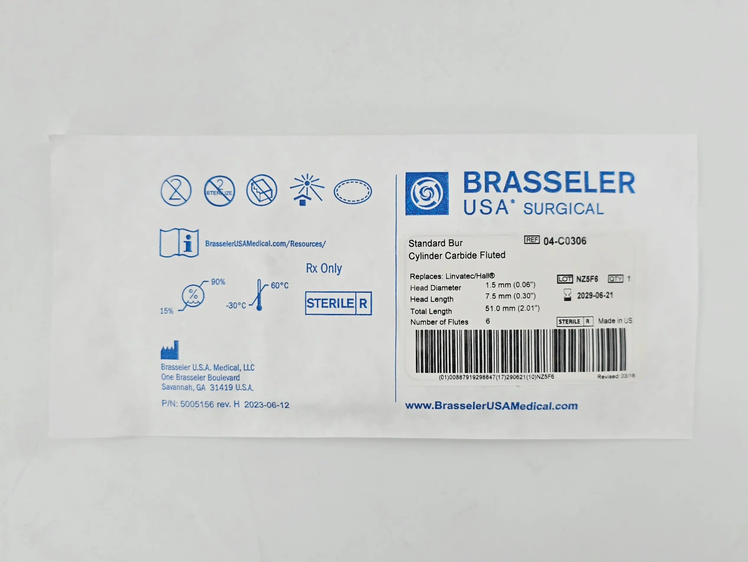 Brasseler 04-C0306 Standard Cylinder Carbide Fluted Bur 1.5mm x 7.5mm x 51mm 6 Flutes 1/EA - Image 2
