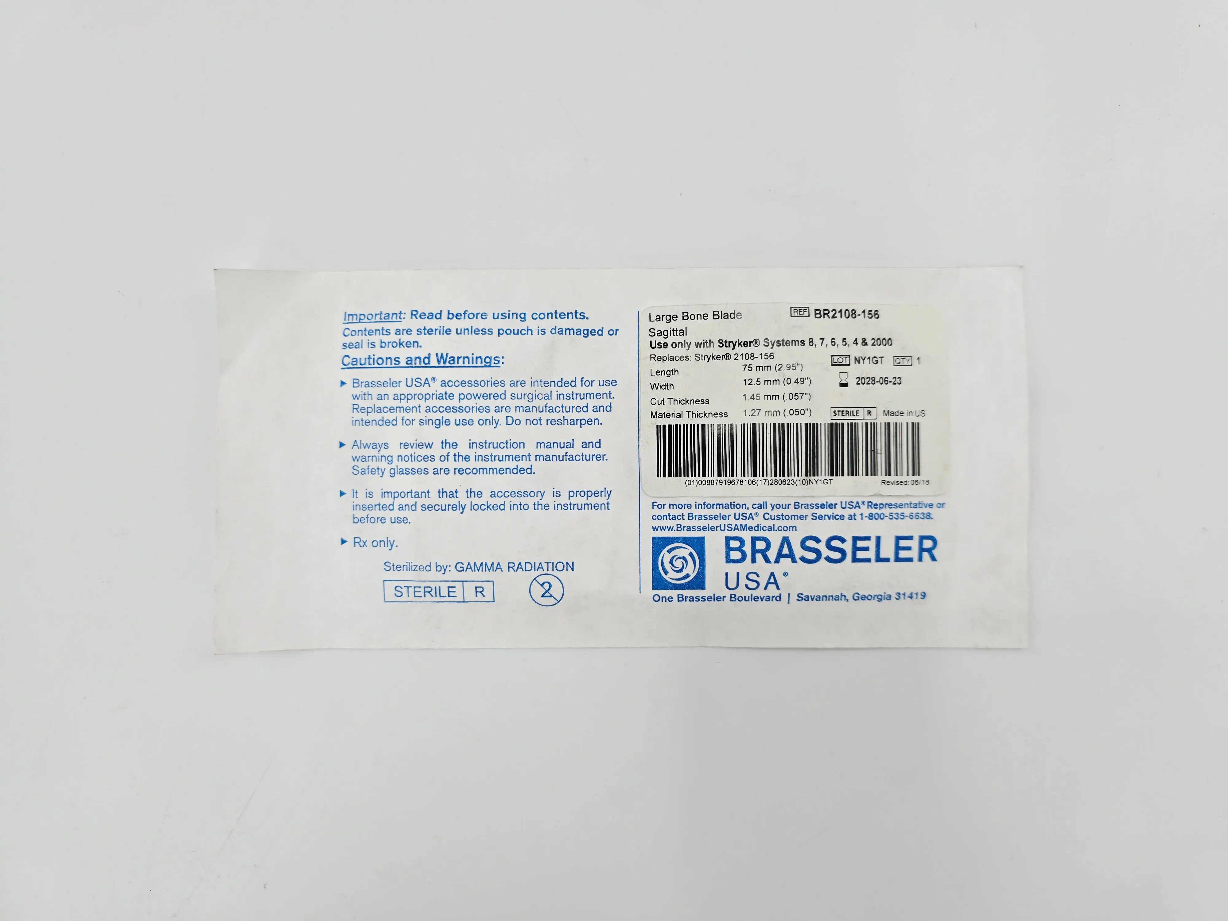 Brasseler BR2108-156 Sagittal Large Bone Blade 75mm x 12.5mm Each - Image 2