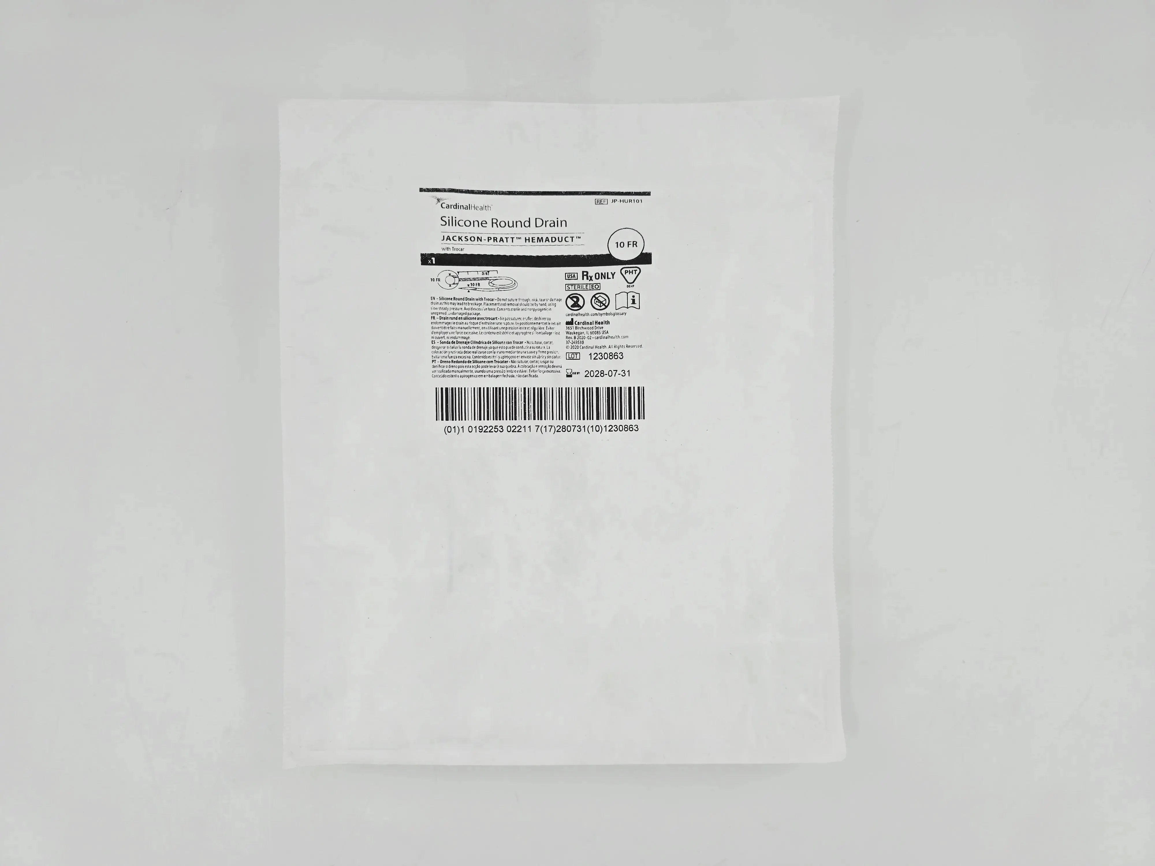 Cardinal Health JP-HUR101 Jackson-Pratt Hemaduct Silicone Round Drain w/ Trocar 10Fr. 1/EA - Image 2