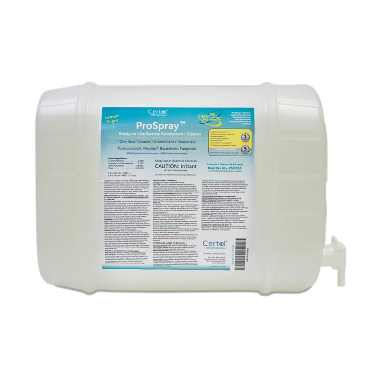 CERTOL PSC050 PROSPRAY SURFACE CLEANER/DISINFECTANT Ready-to-use Disinfectant/ Cleaner Refill, 5 Gallon, 1/cs
