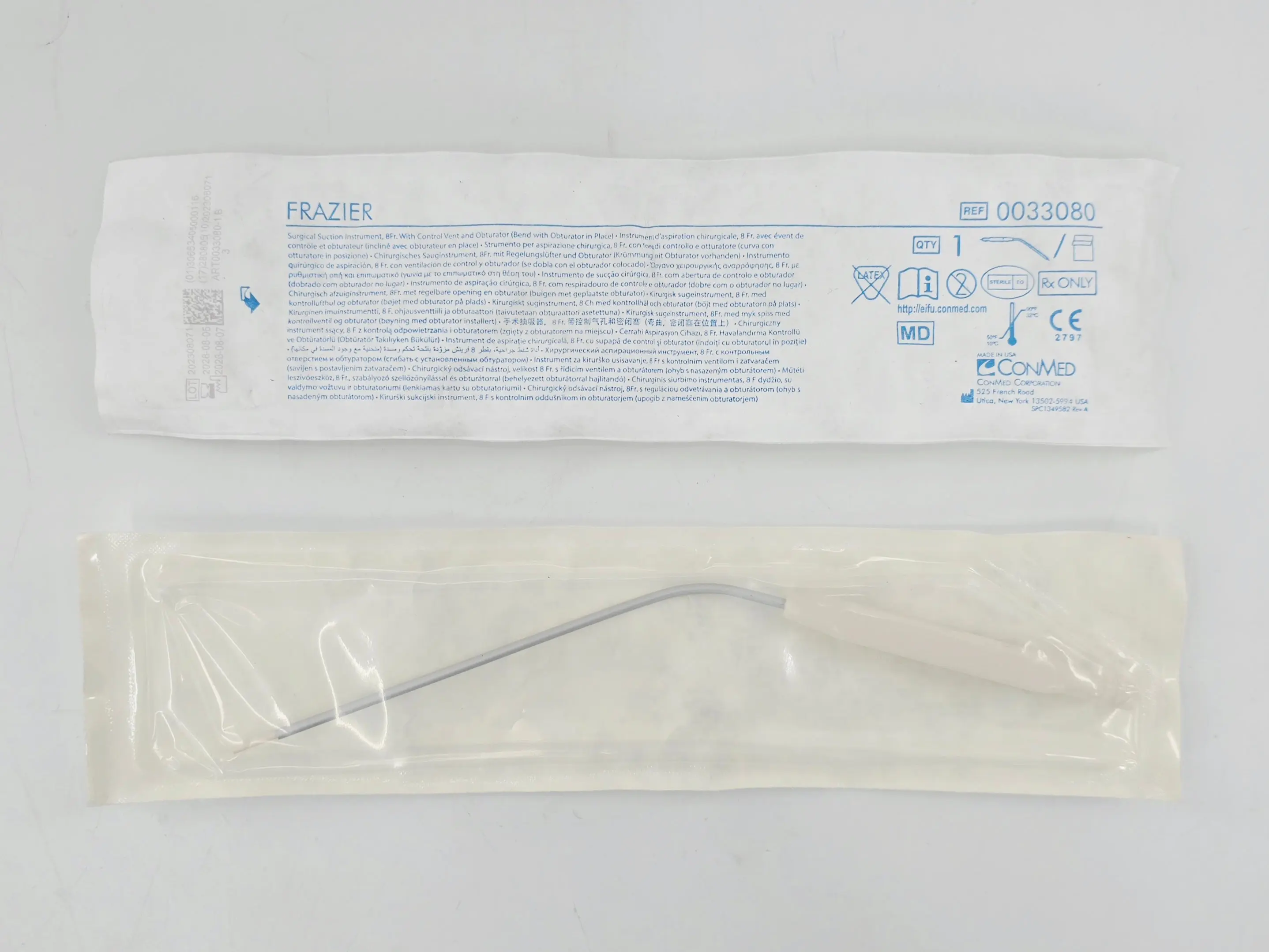 ConMed 0033080 Frazier Suction Tube 8Fr. w/ Control Vent & Obturator (Bend w/ Obturator in Place) 1/EA - Image 2