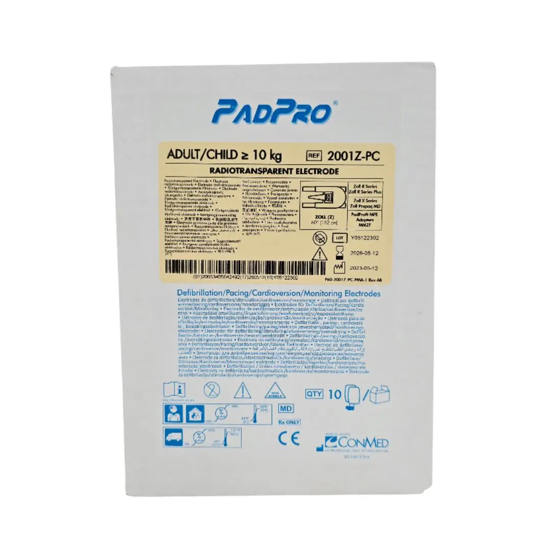 ConMed 2001Z-PC PadPro Radiotransparent Electrode Adult/Child w/ Pre-Connect Packaging A 60" BX/10