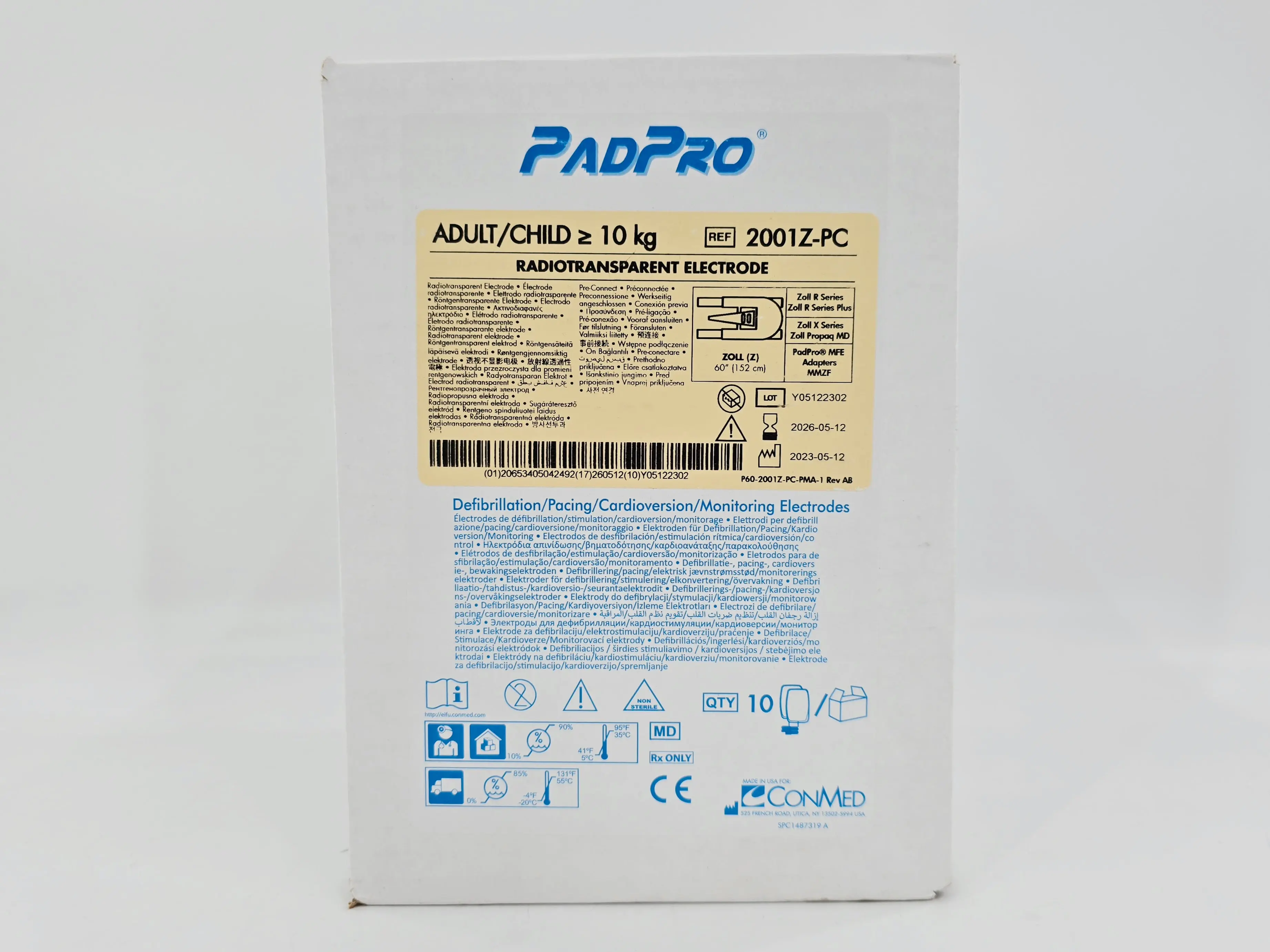 ConMed 2001Z-PC PadPro Radiotransparent Electrode Adult/Child w/ Pre-Connect Packaging A 60" BX/10 - Image 2
