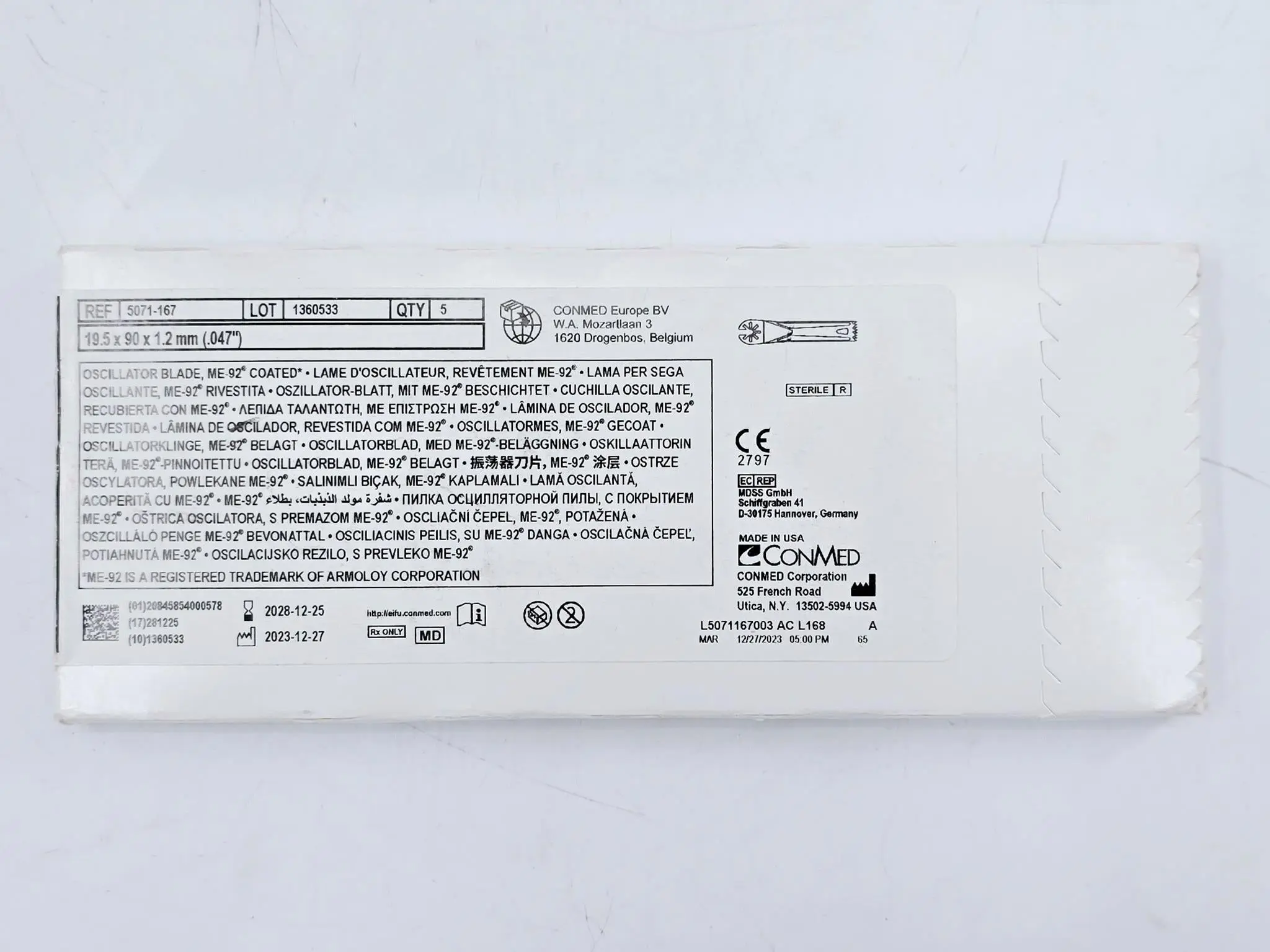 ConMed 5071-167 Large Bone Knee Blade Oscillator Blade ME-92 Coated 19.5mm x 90mm x 1.2mm (.047inch) 5/BX - Image 4