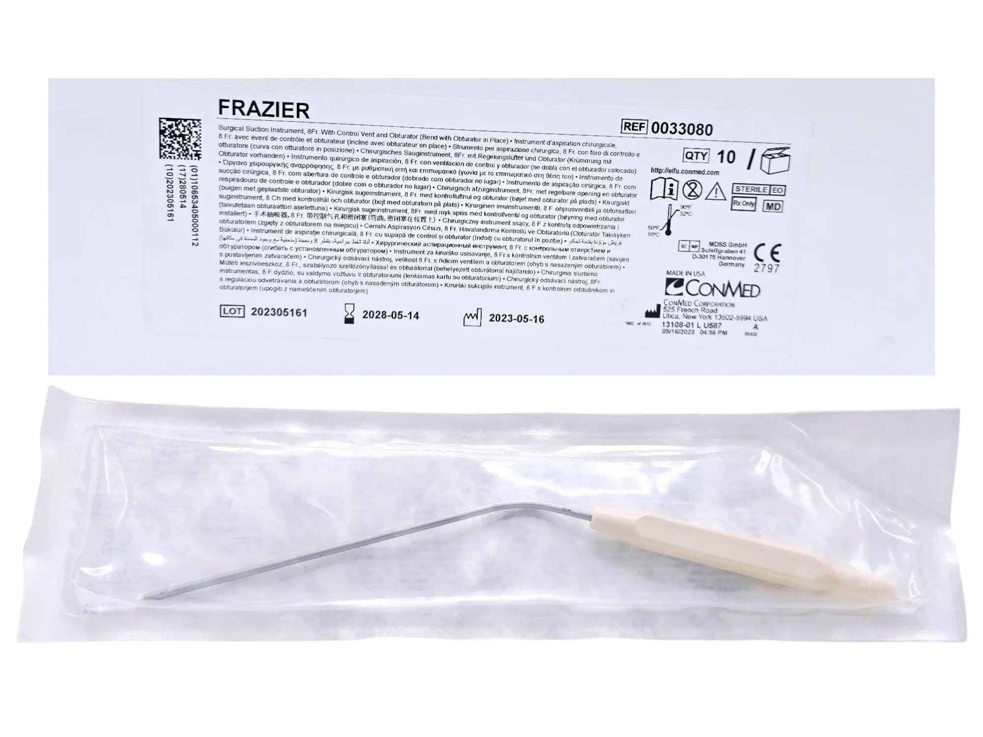 ConMed Frazier 0033080 Suction Instrument 8 Fr w/ Control Vent & Obturator BX/10