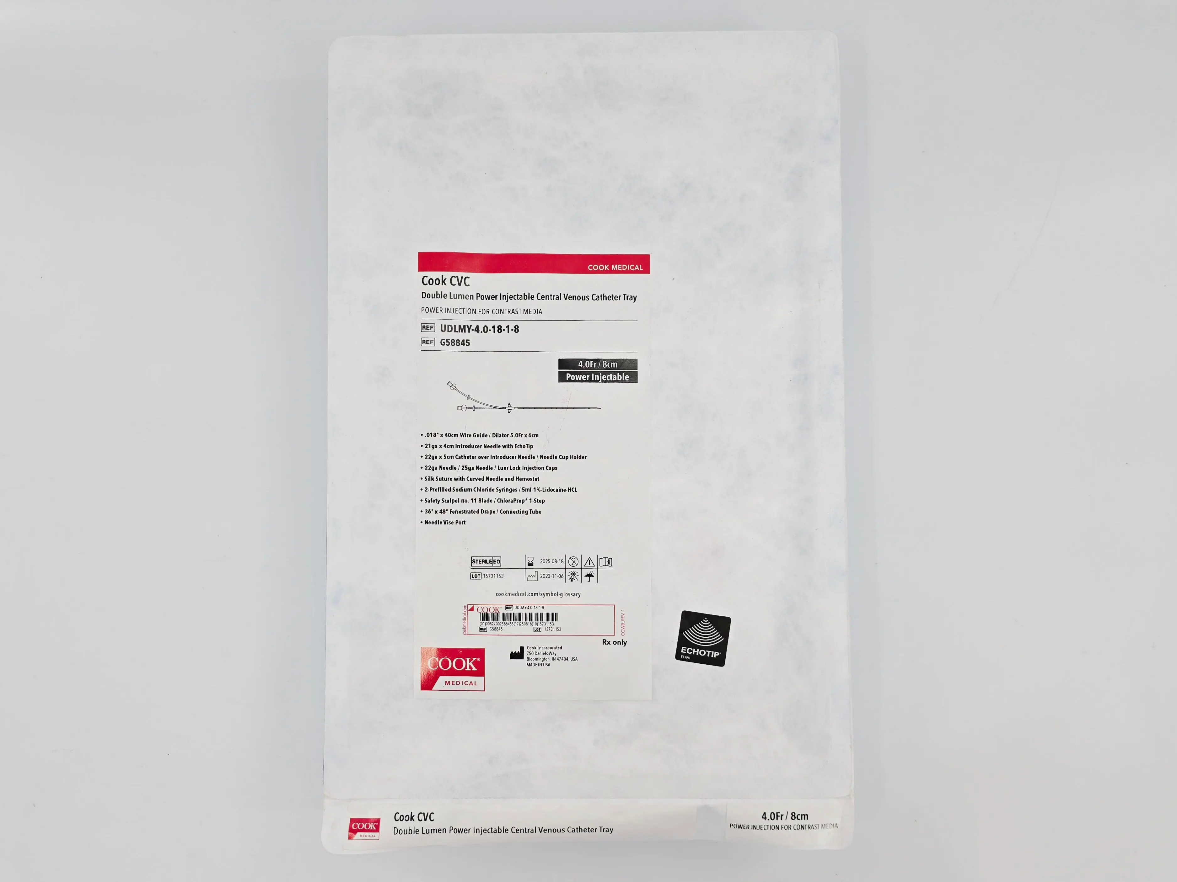 Cook Medical G58845 Double Lumen Power Injectable Central Venous Catheter Tray 4.0Fr. - Image 2