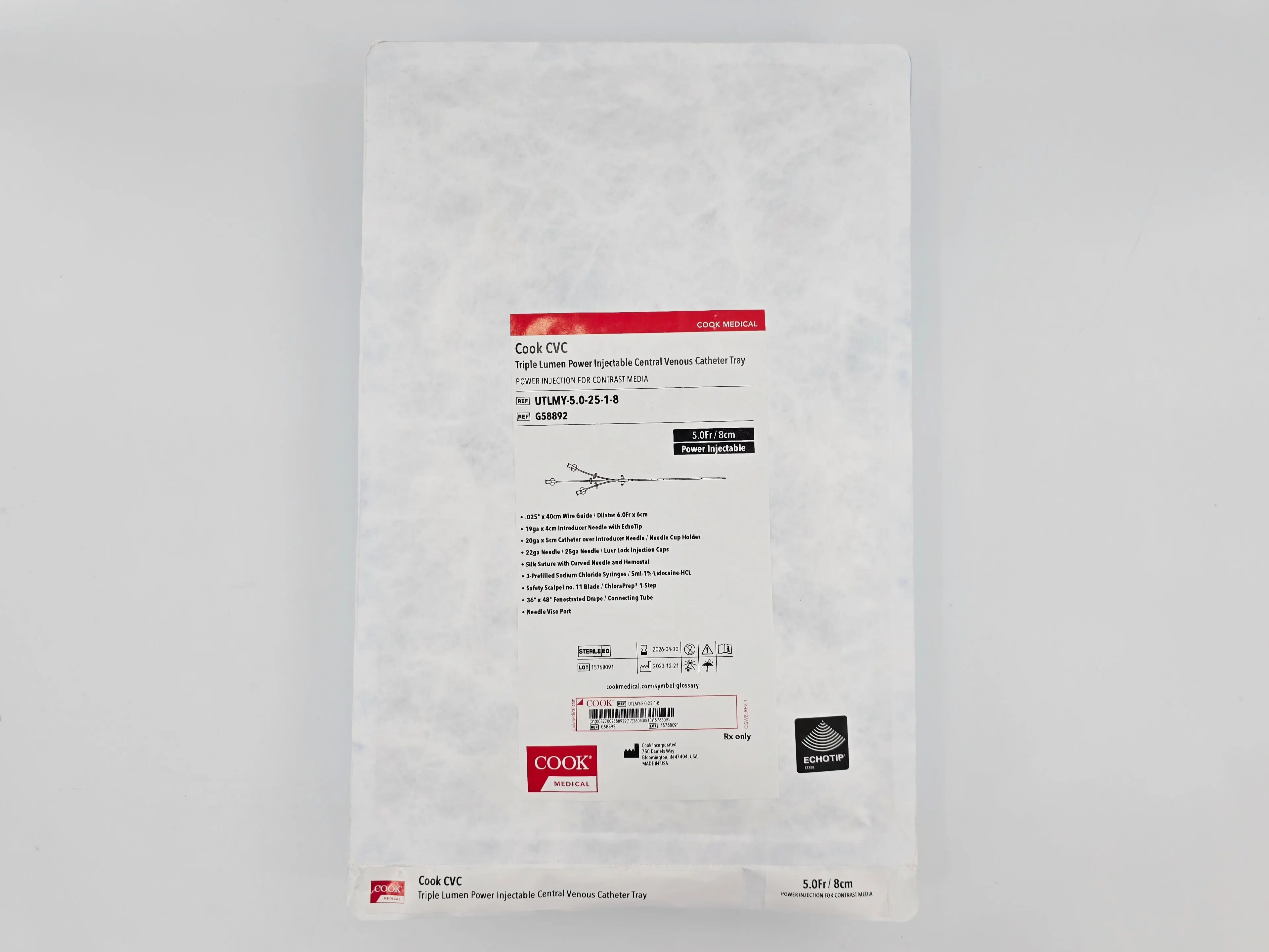 Cook Medical G58892 Triple Lumen Power Injectable Central Venous Catheter Tray 5.0Fr. - Image 2