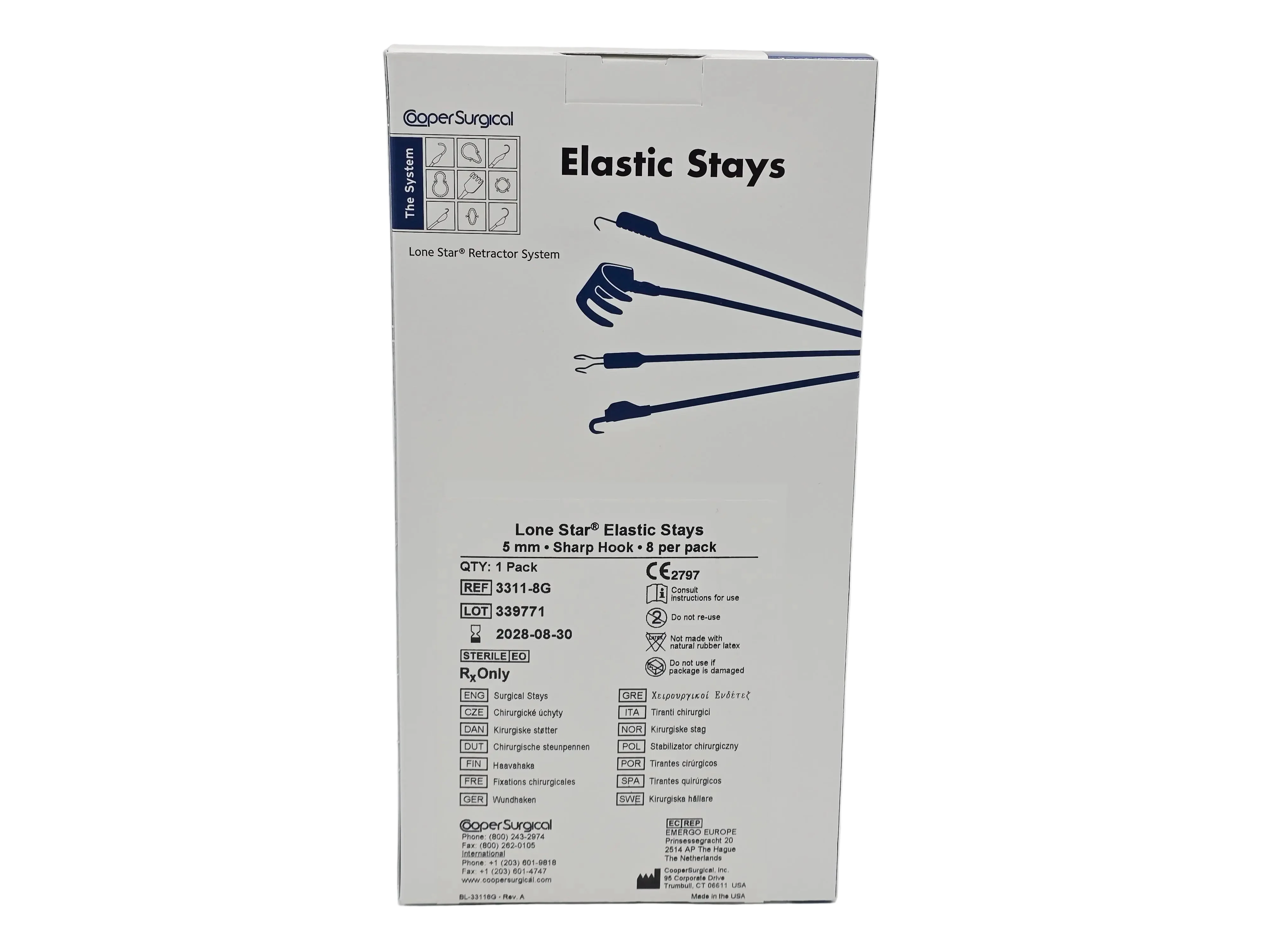 Cooper Surgical 3311-8G Lone Star Elastic Stay 5mm Sharp Hook Sterile 8 Pack