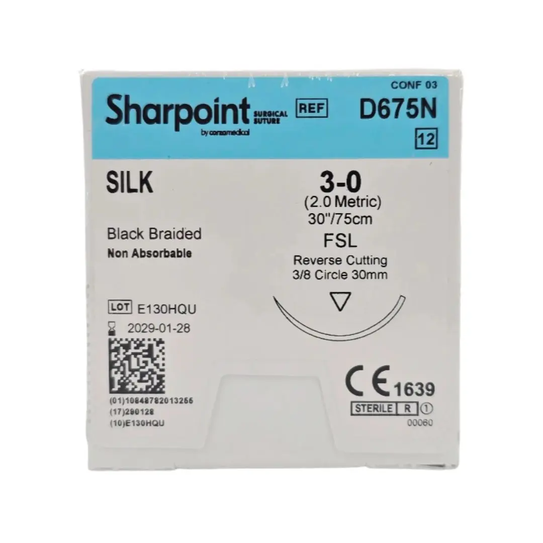 Corza Medical D675N Sharpoint SILK 3-0 Black 1X30" FSL 30mm Reverse Cutting BX/12