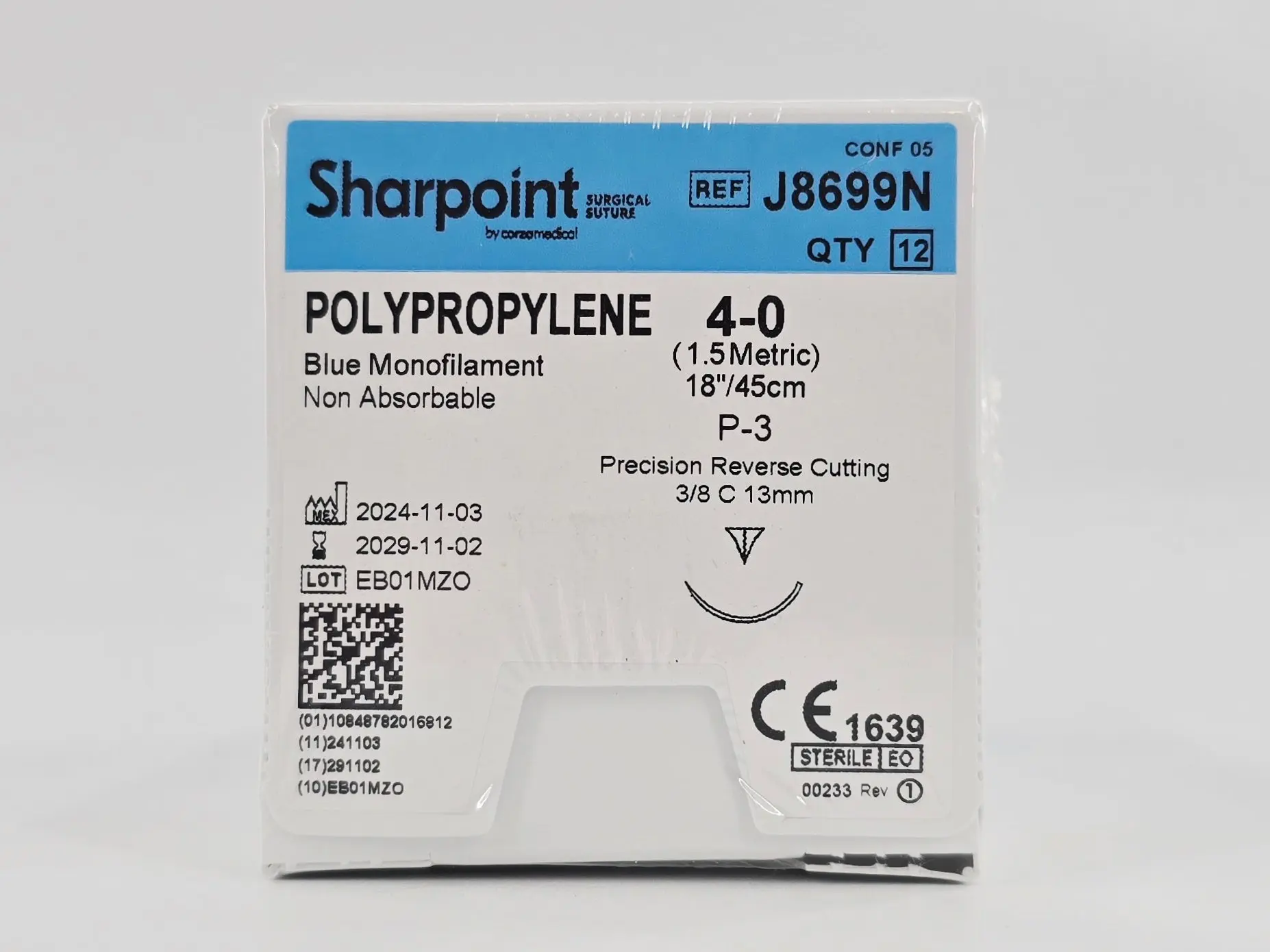 Corza Medical J8699N Sharpoint POLYPROPYLENE 4-0 Blue 1X18" P-3 13mm Precision Reverse Cutting BX/12 - Image 2