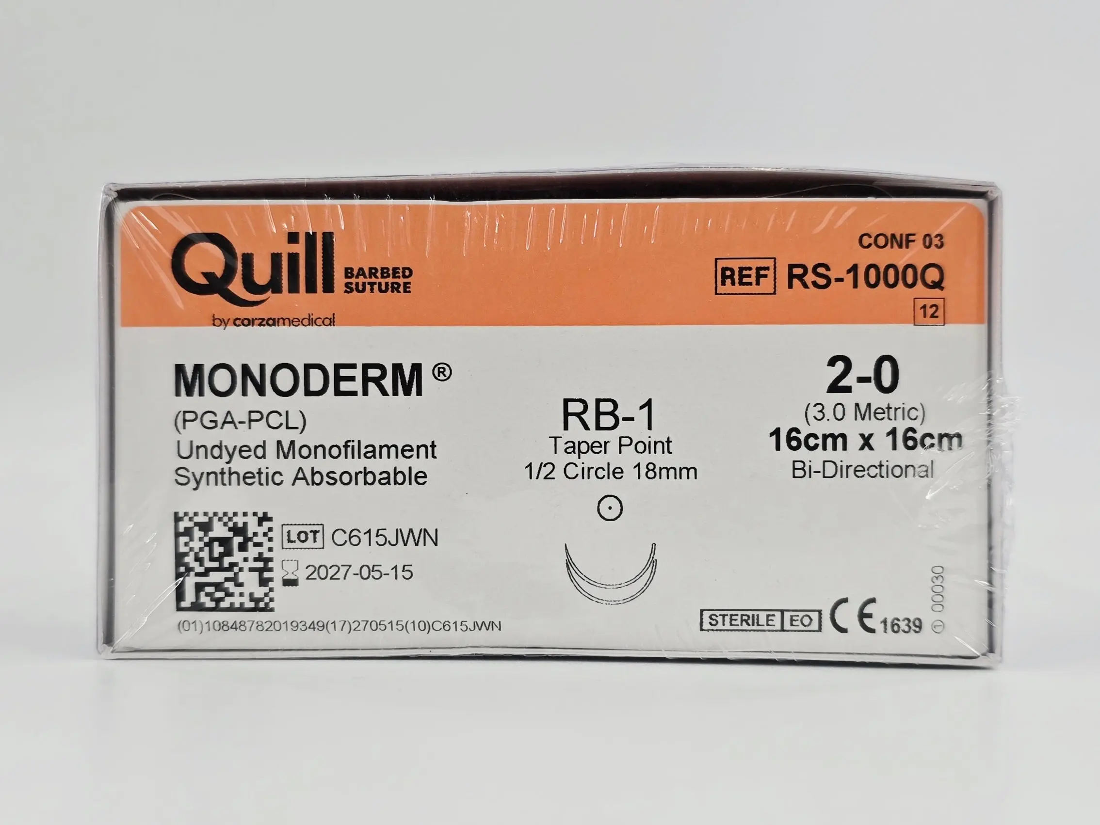 Corza Medical RS-1000Q Quill MONODERM 2-0 16X16 Double-Armed Undyed RB-1 18mm BX/12 - Image 2