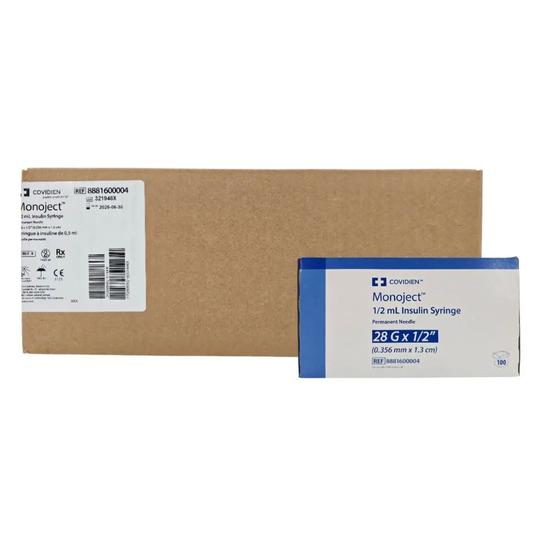Covidien 8881600004 Monoject 1/2mL Insulin Syringe Permanent Needle 28G x 1/2" CS/300