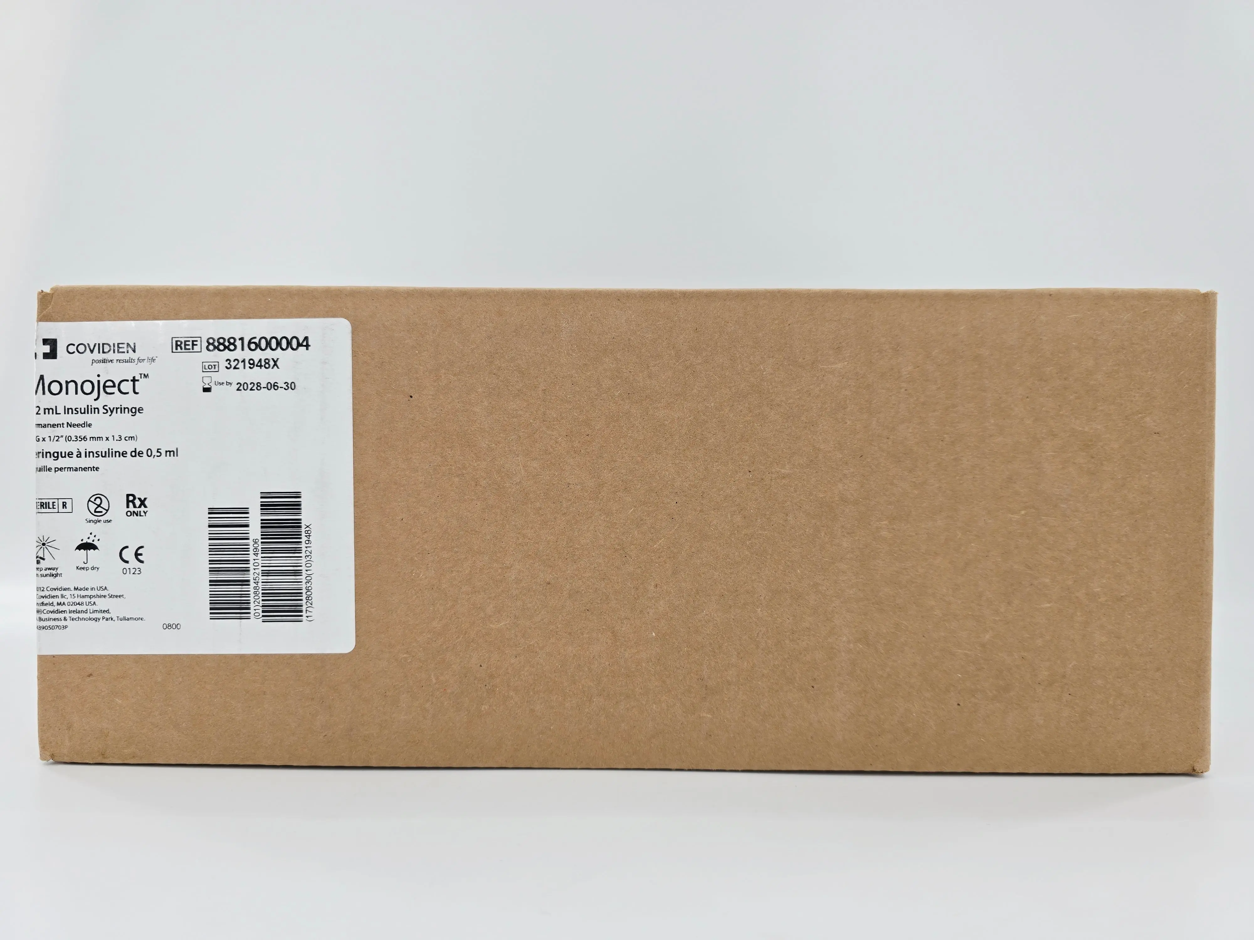 Covidien 8881600004 Monoject 1/2mL Insulin Syringe Permanent Needle 28G x 1/2" CS/300 - Image 2