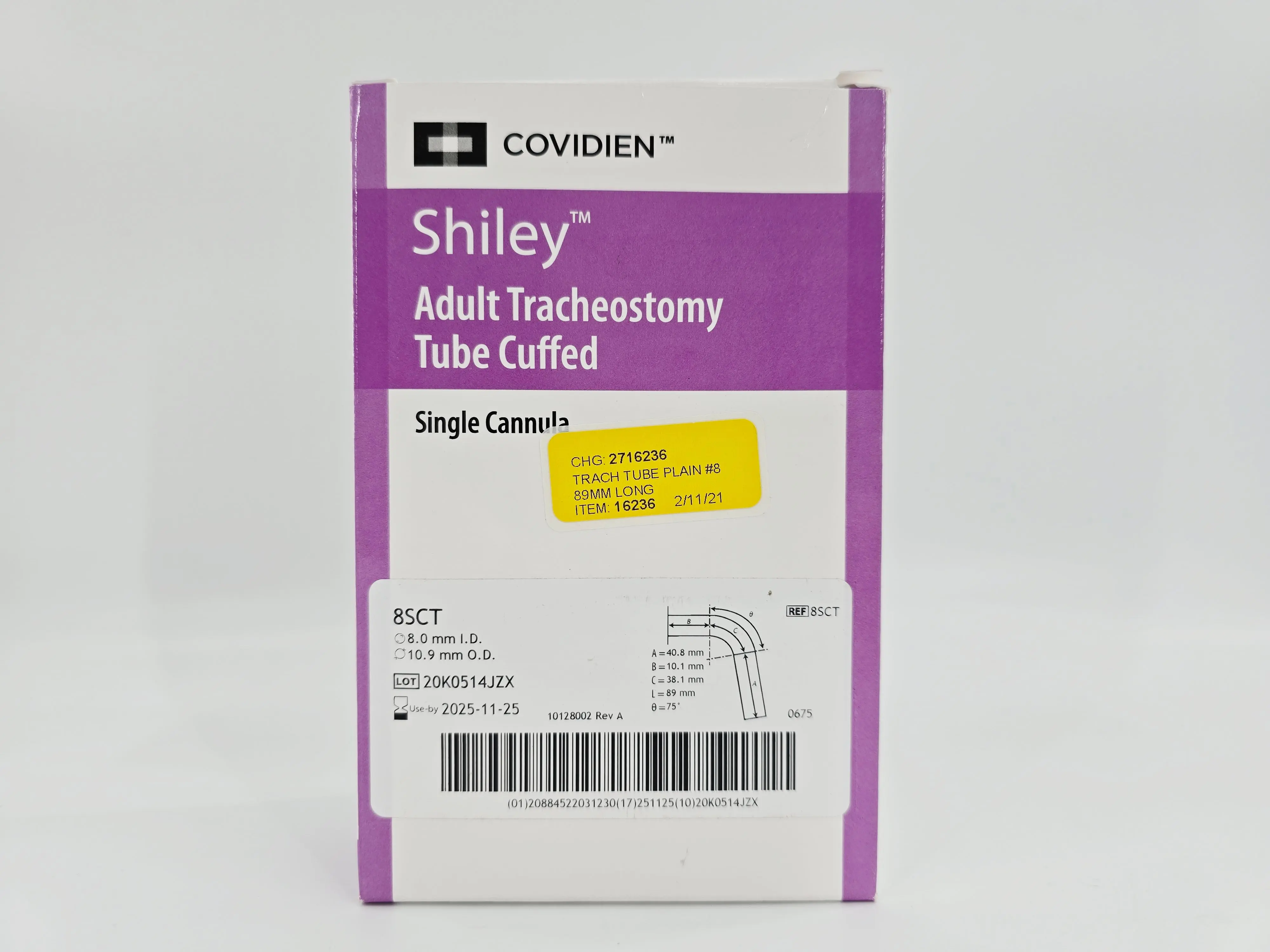 Covidien 8SCT Shiley Adult Flexible Tracheostomy Tube Cuffed Single Cannula - Image 2