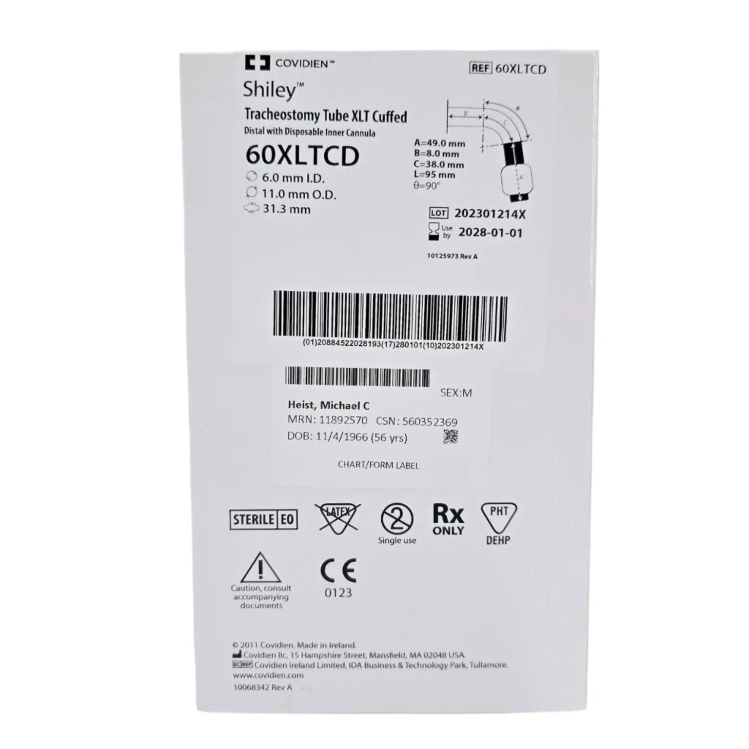 Covidien 60XLTCD Shiley 6.0mm I.D. Tracheostomy Tube XLT Cuffed Distal w/ Disposable Inner Cannula