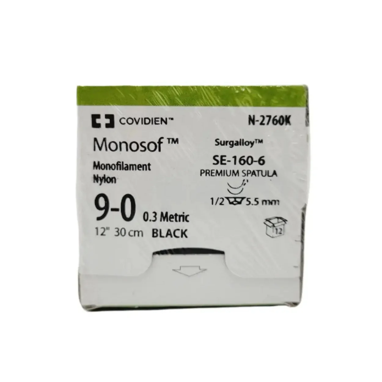 Covidien N-2760K Monosof 9-0 1X12" SE-160-6 Monofilament BX/12