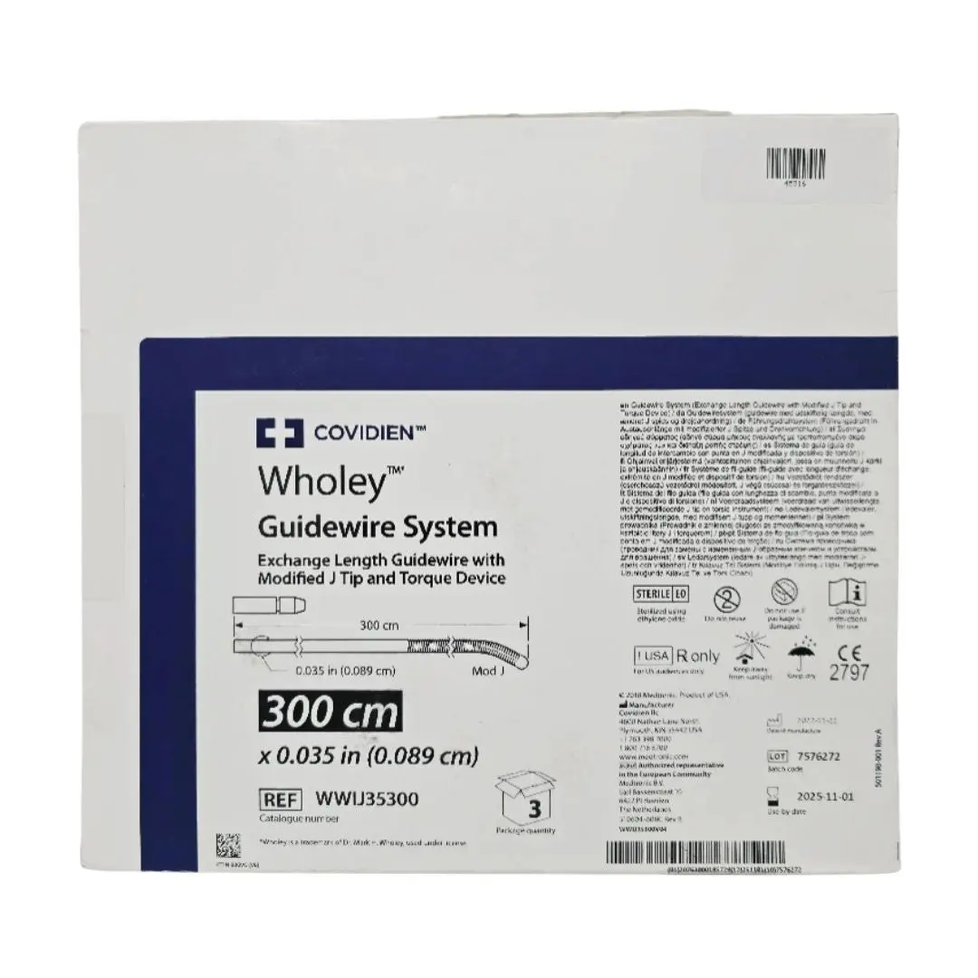 Covidien WWIJ35300 Wholey Guidewire System 300cm x 0.035" Exchange Length Guidewire w/ Modified J Tip and Torque Device BX/3