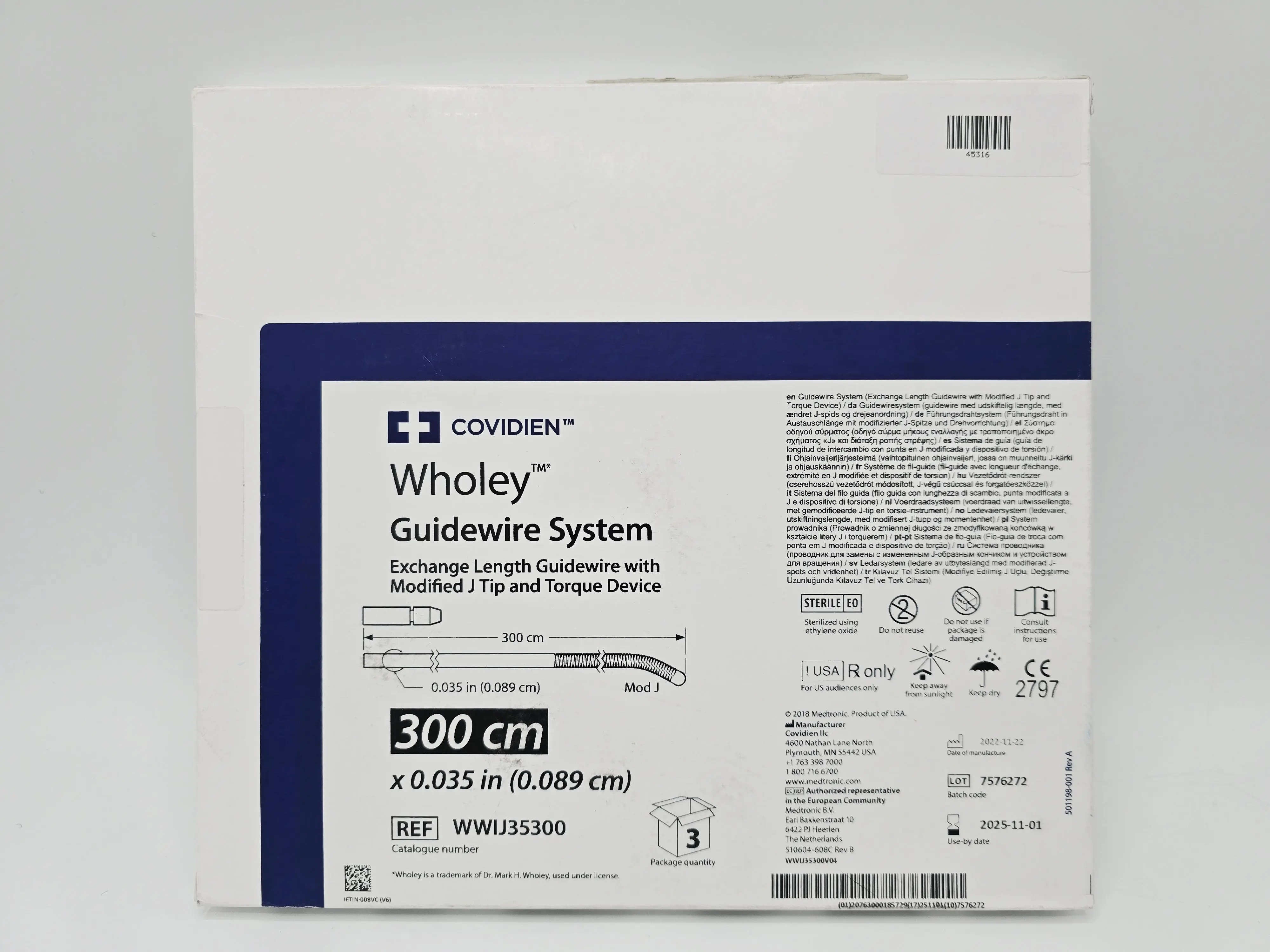 Covidien WWIJ35300 Wholey Guidewire System 300cm x 0.035" Exchange Length Guidewire w/ Modified J Tip and Torque Device BX/3 - Image 2